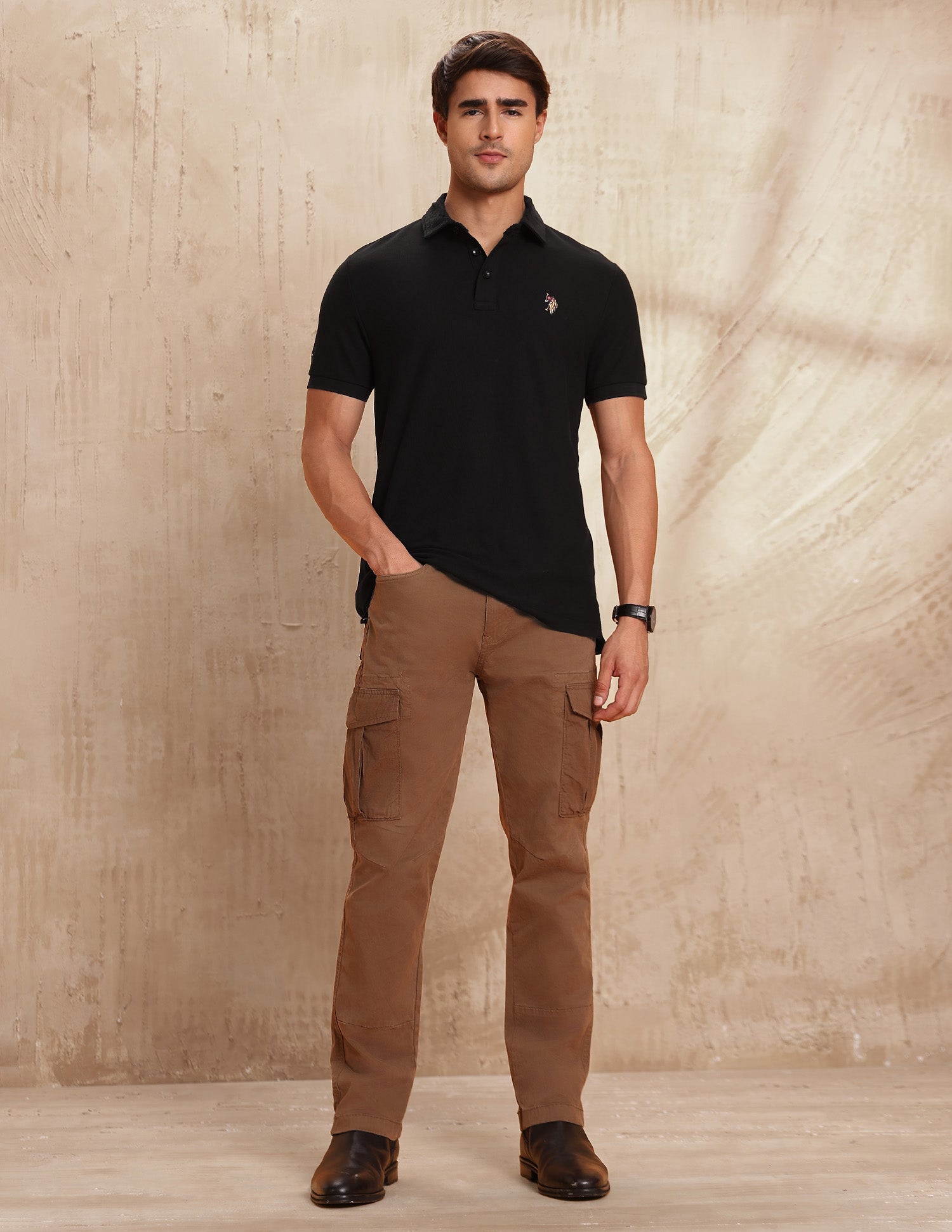 Textured Pure Cotton Polo Shirt Black - U.S. POLO ASSN. | Large