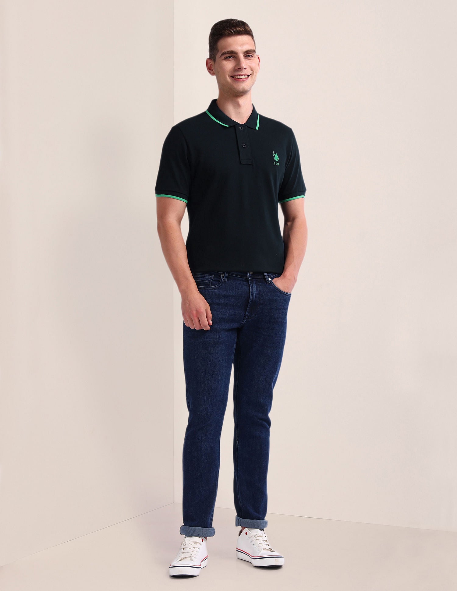 Slim Fit Solid Polo Shirt Navy - U.S. Polo Assn. India | Large
