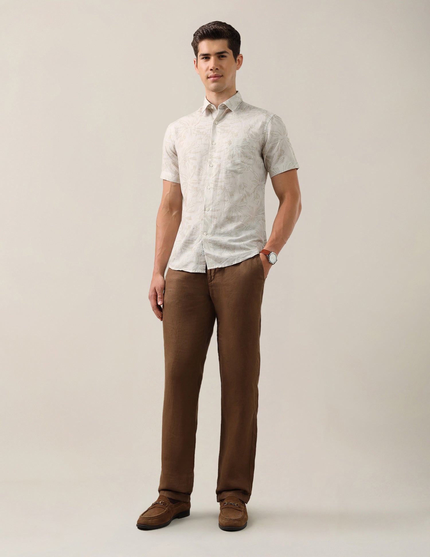 Tropical Printed Cotton Linen Shirt Beige - U.S. Polo Assn. India | Large