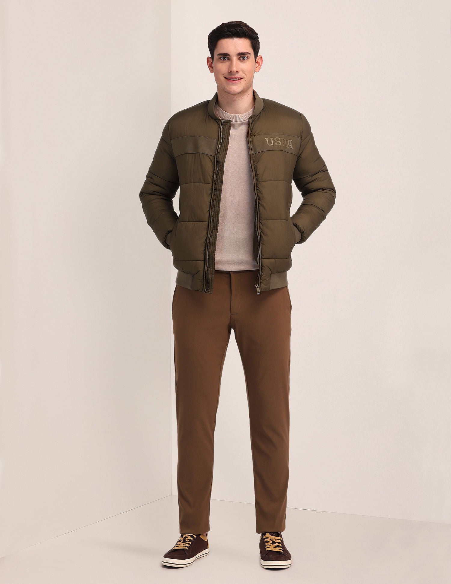 Regular Fit Solid Padded Jacket Brown - U.S. POLO ASSN. | Large