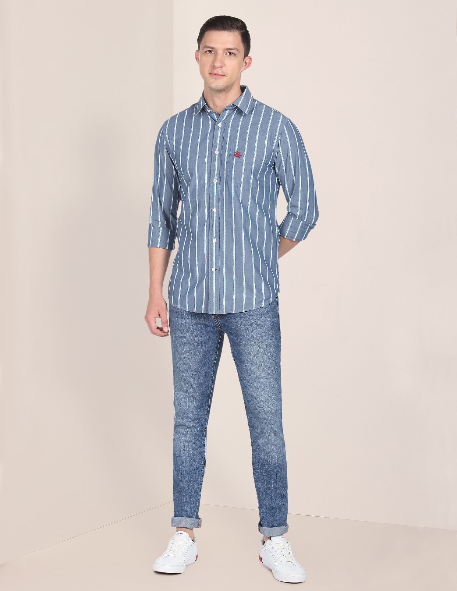 Vertical Stripe Pinpoint Oxford Casual Shirt Blue - U.S. POLO ASSN. | Large