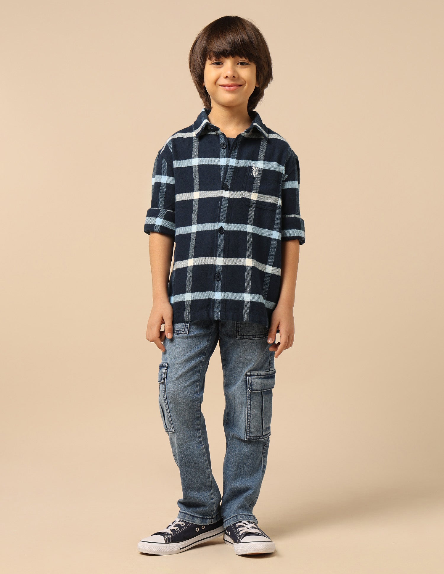 Boys Windowpane Checked Twill Shirt Navy - U.S. POLO ASSN. | Large