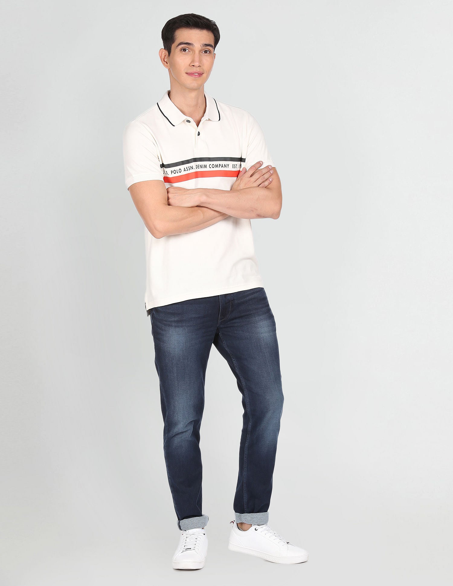 Men White Tipped Collar Brand Print Polo Shirt White - U.S. Polo Assn. India | Large