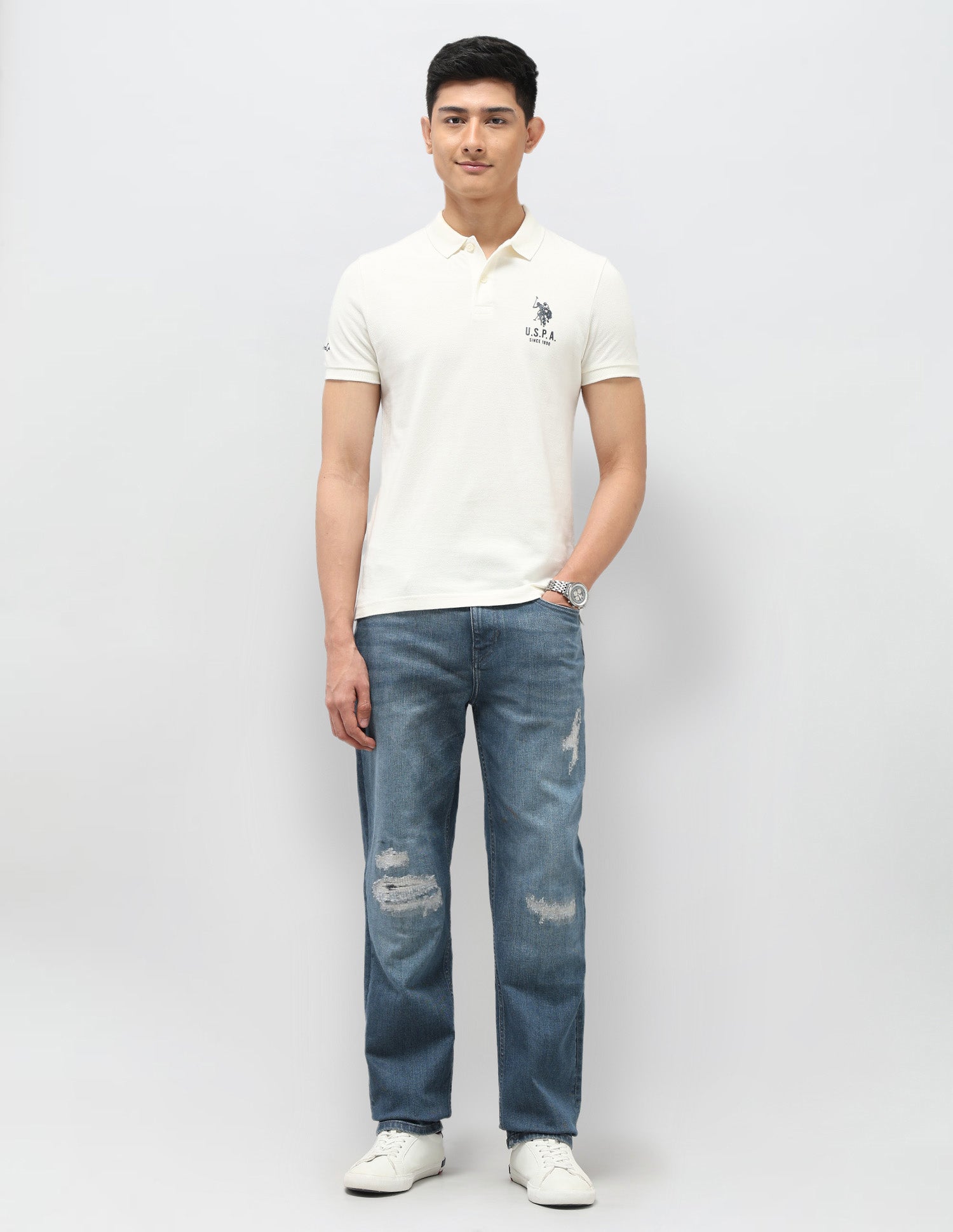 Pure Cotton Muscle Fit Polo Shirt Ivory - U.S. Polo Assn. India | Large