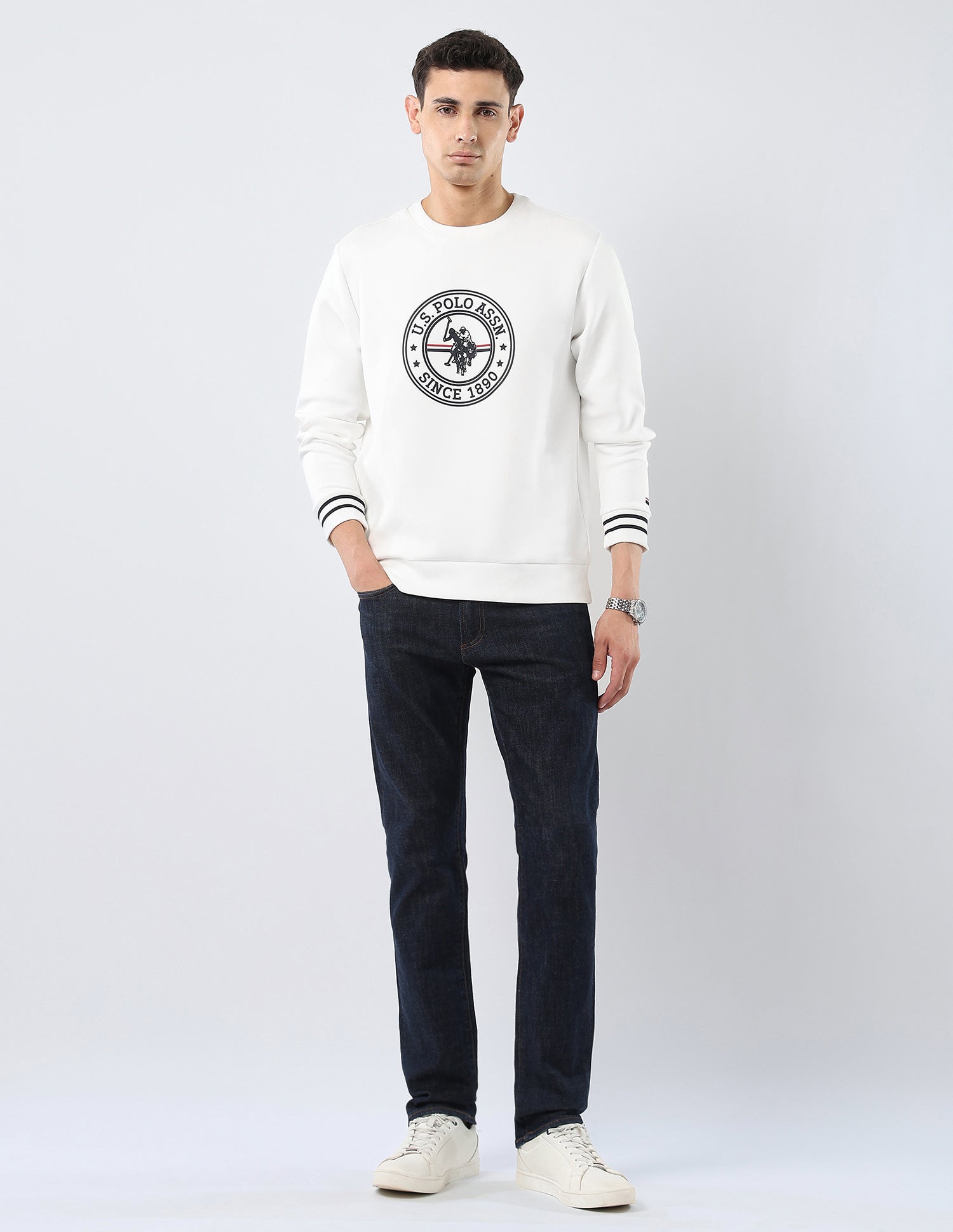 Brand Embossed Regular Fit Sweatshirt White - U.S. POLO ASSN. | Large