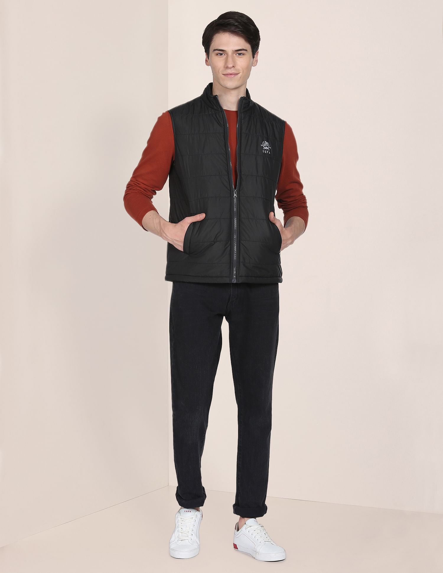 Men Black Solid Sleeveless Puffer Jacket Black - U.S. Polo Assn. India | Large