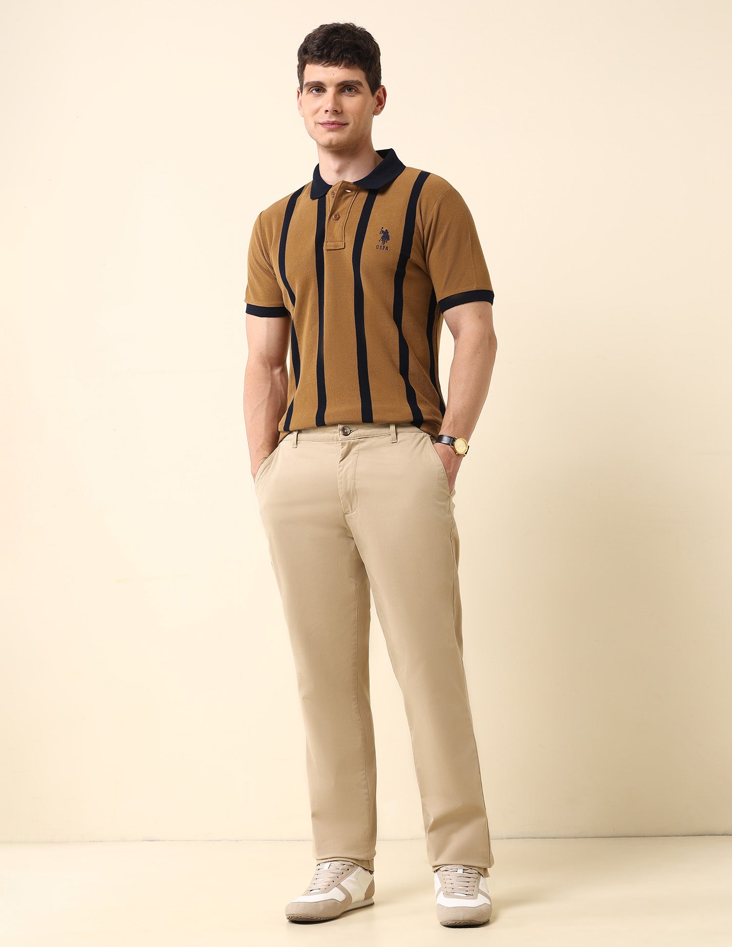 Vertical Striped Pure Cotton Polo Shirt Brown - U.S. Polo Assn. India | Large
