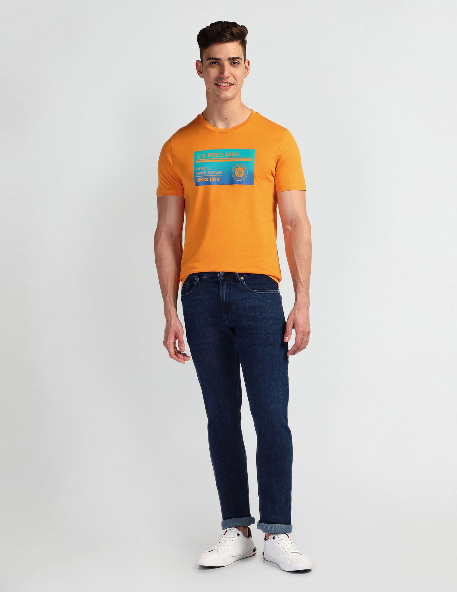 Brand Print Muscle Fit T-Shirt Orange - U.S. Polo Assn. India | Large
