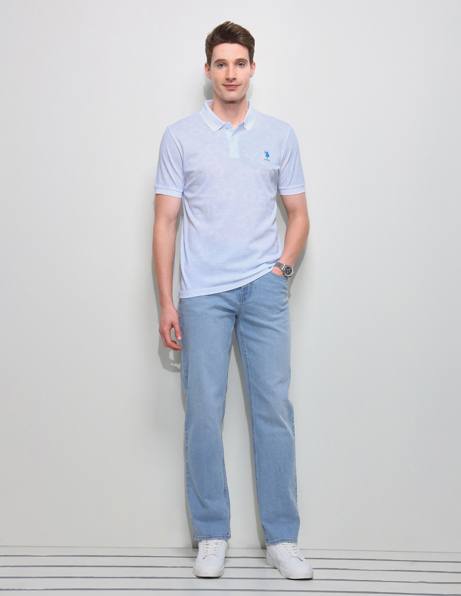 Floral Vertical Striped Slim Fit Polo Shirt Light Blue - U.S. Polo Assn. India | Large