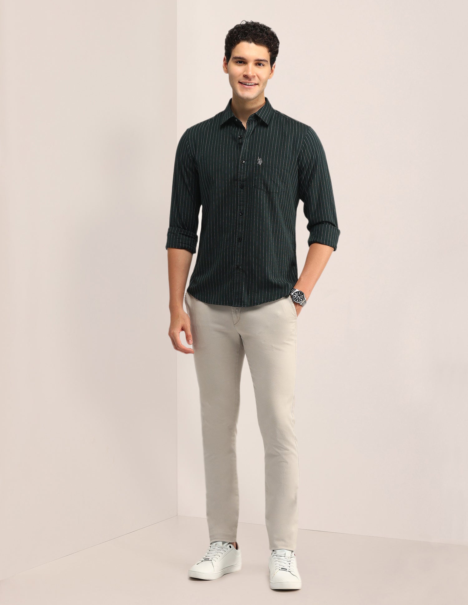 Vertical Striped Tailored Fit Shirt Dark Green - U.S. POLO ASSN. | Large