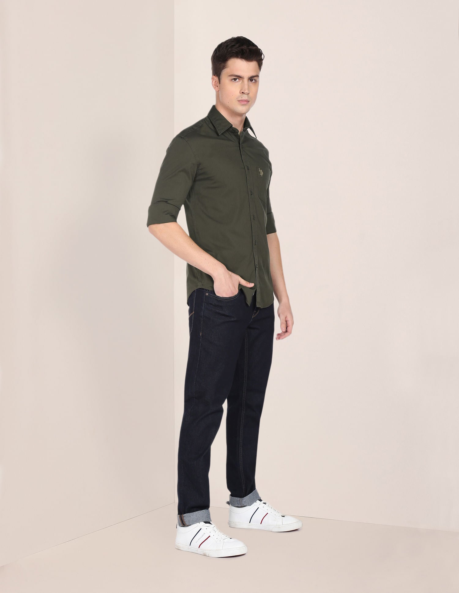 Slim Fit Solid Casual Shirt Dark Olive - U.S. Polo Assn. India | Large