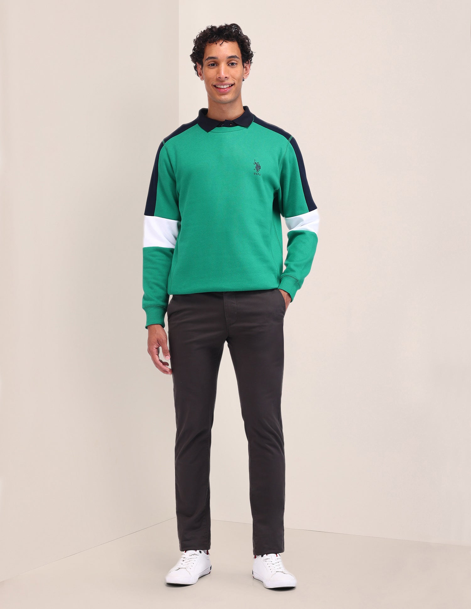 Colour Blocked Regular Fit Sweatshirt Green - U.S. Polo Assn. India | Large