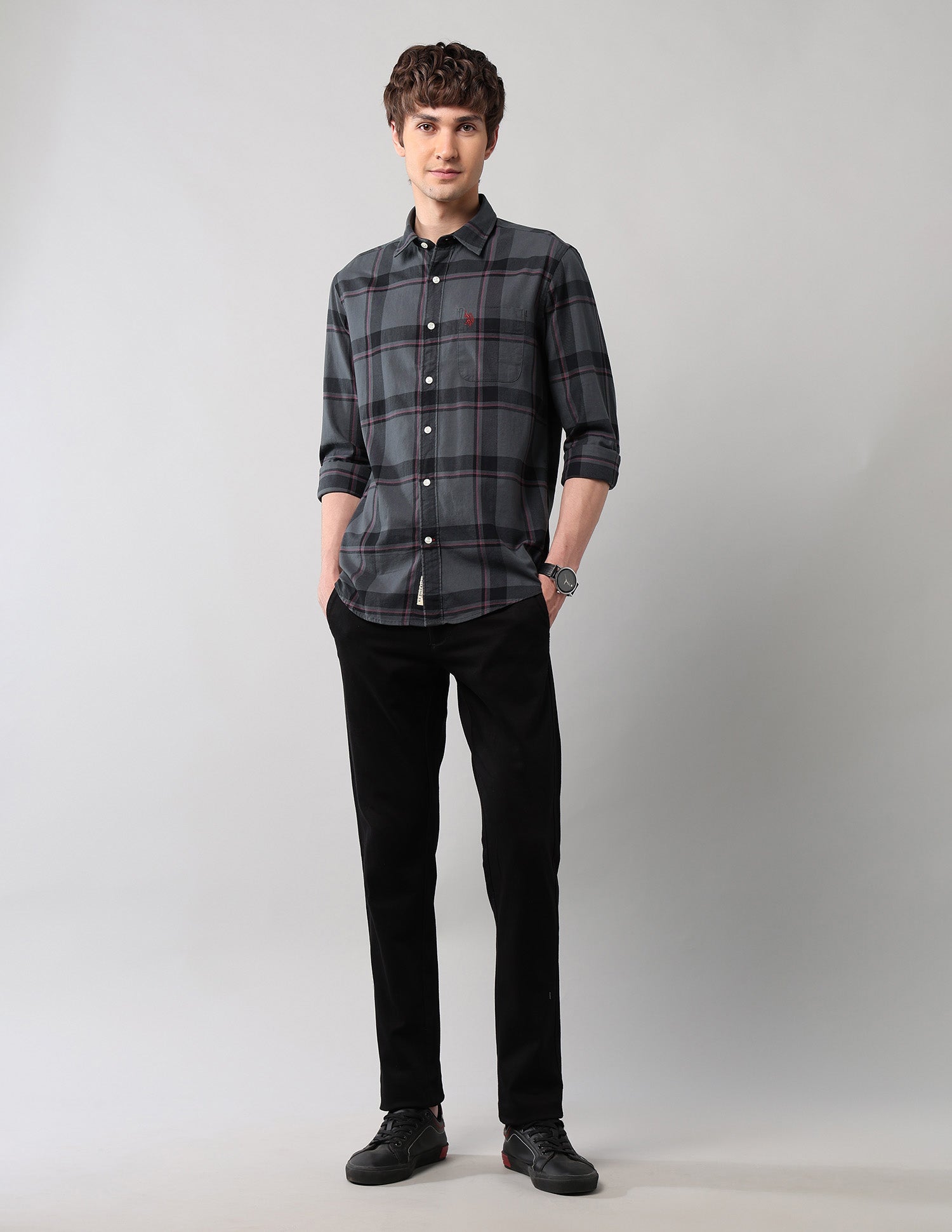 Grid Tattersall Checked Pure Cotton Shirt Grey - U.S. POLO ASSN. | Large