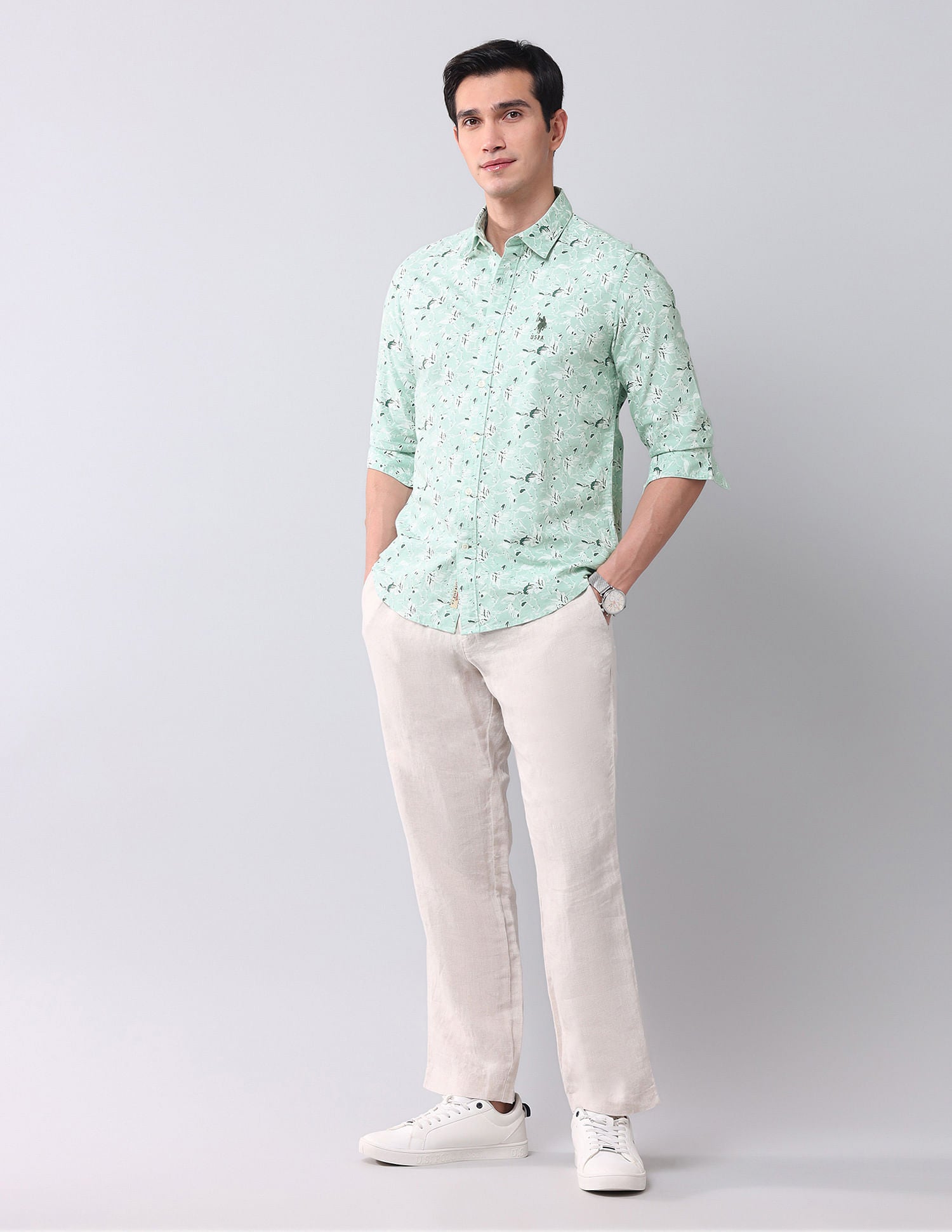 Regular Fit Dobby Printed Shirt Light Olive - U.S. POLO ASSN. | Large