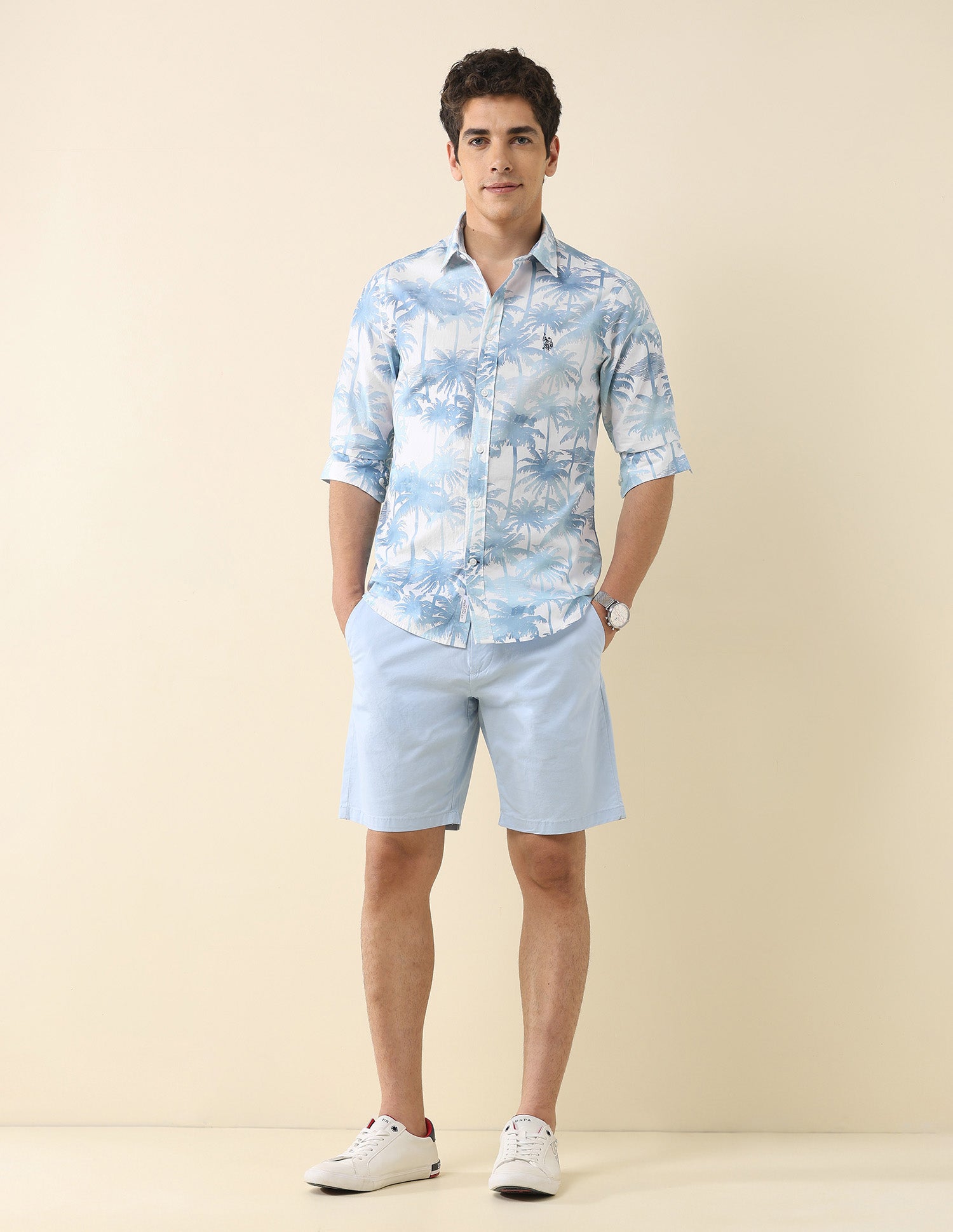 Tropical Printed Poplin Shirt Light Blue - U.S. Polo Assn. India | Large