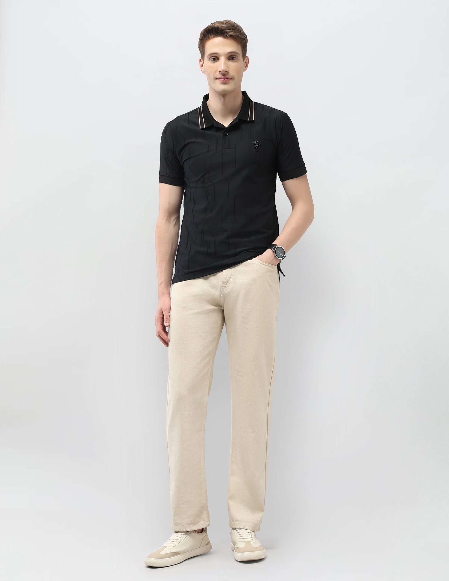 Textured Geometric Slim Fit Black & Gold Polo Shirt Black - U.S. Polo Assn. India | Large