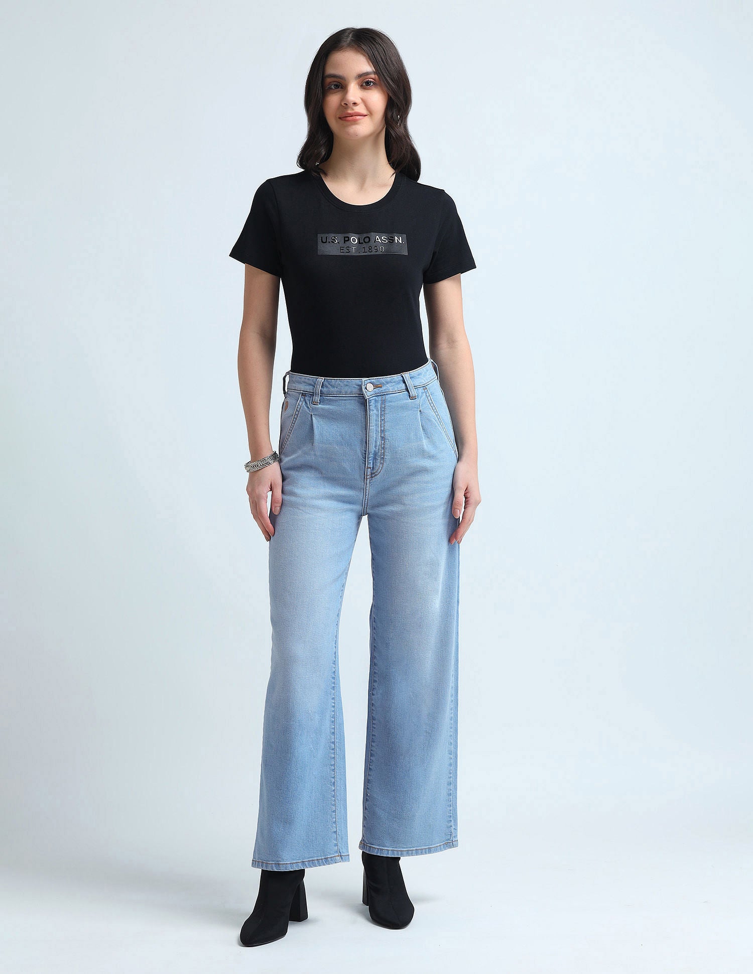 Pleated Wide Leg Fit Blue Jeans Blue - U.S. Polo Assn. India | Large
