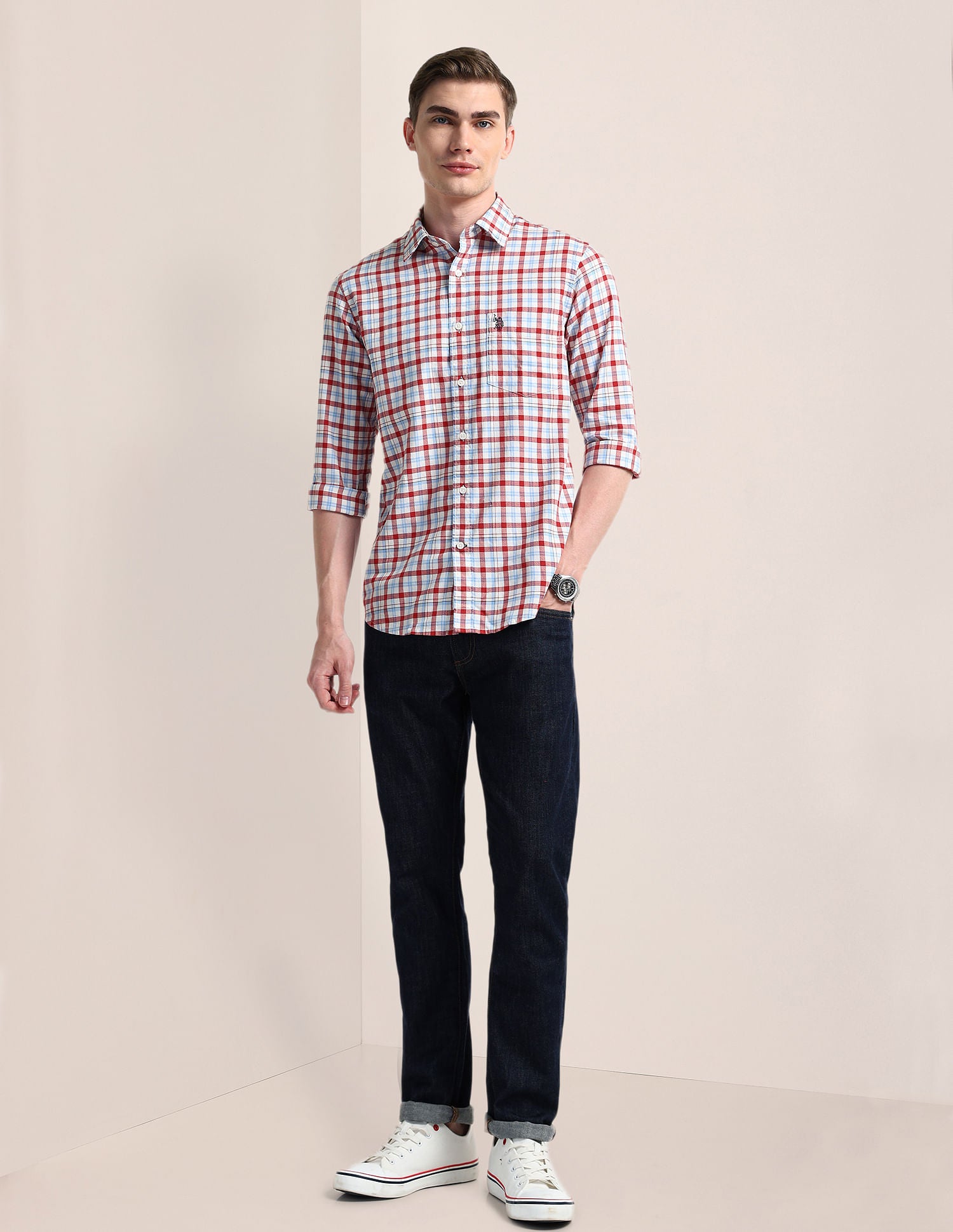 Cutaway Collar Premium Cotton Shirt Red - U.S. Polo Assn. India | Large