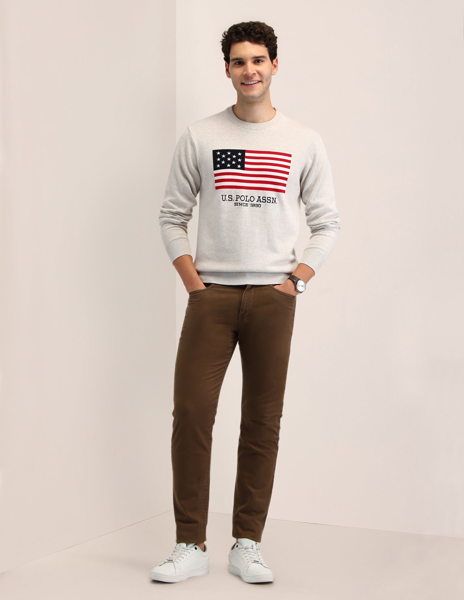 Brand Printed Regular Fit Sweater Off White - U.S. Polo Assn. India | Large