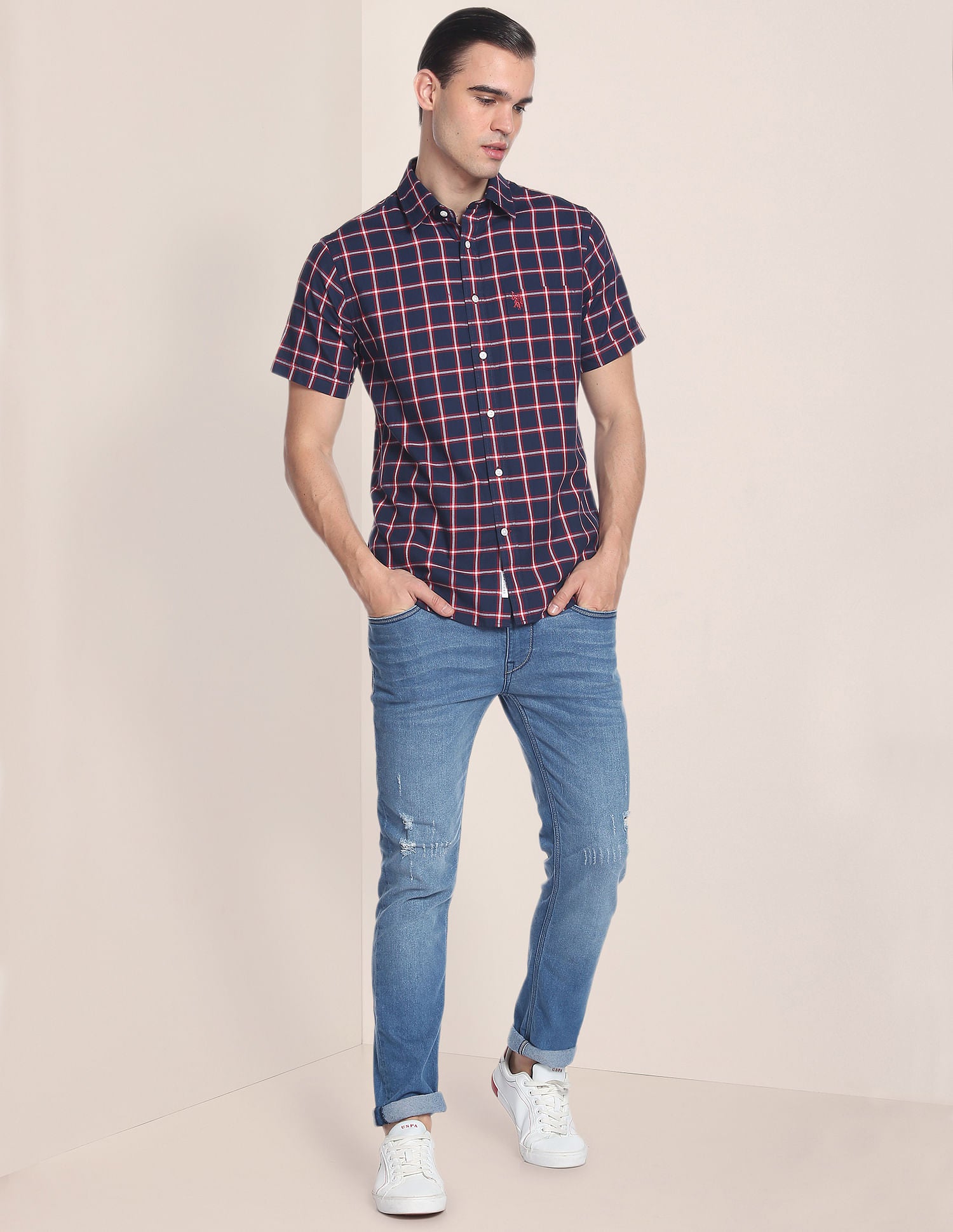 Outdoor Check Herringbone Shirt Navy - U.S. Polo Assn. India | Large