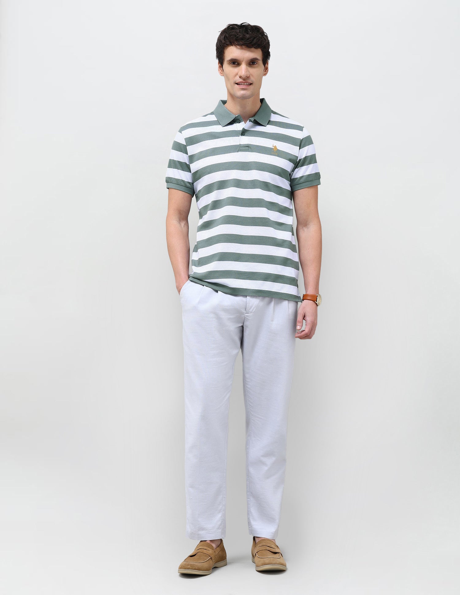 Horizontal Striped Slim Fit Polo Shirt Light Green - U.S. Polo Assn. India | Large