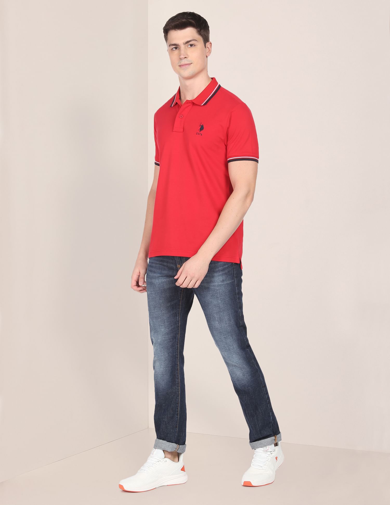 Striped Collar Cotton Polo Shirt Red - U.S. POLO ASSN. | Large