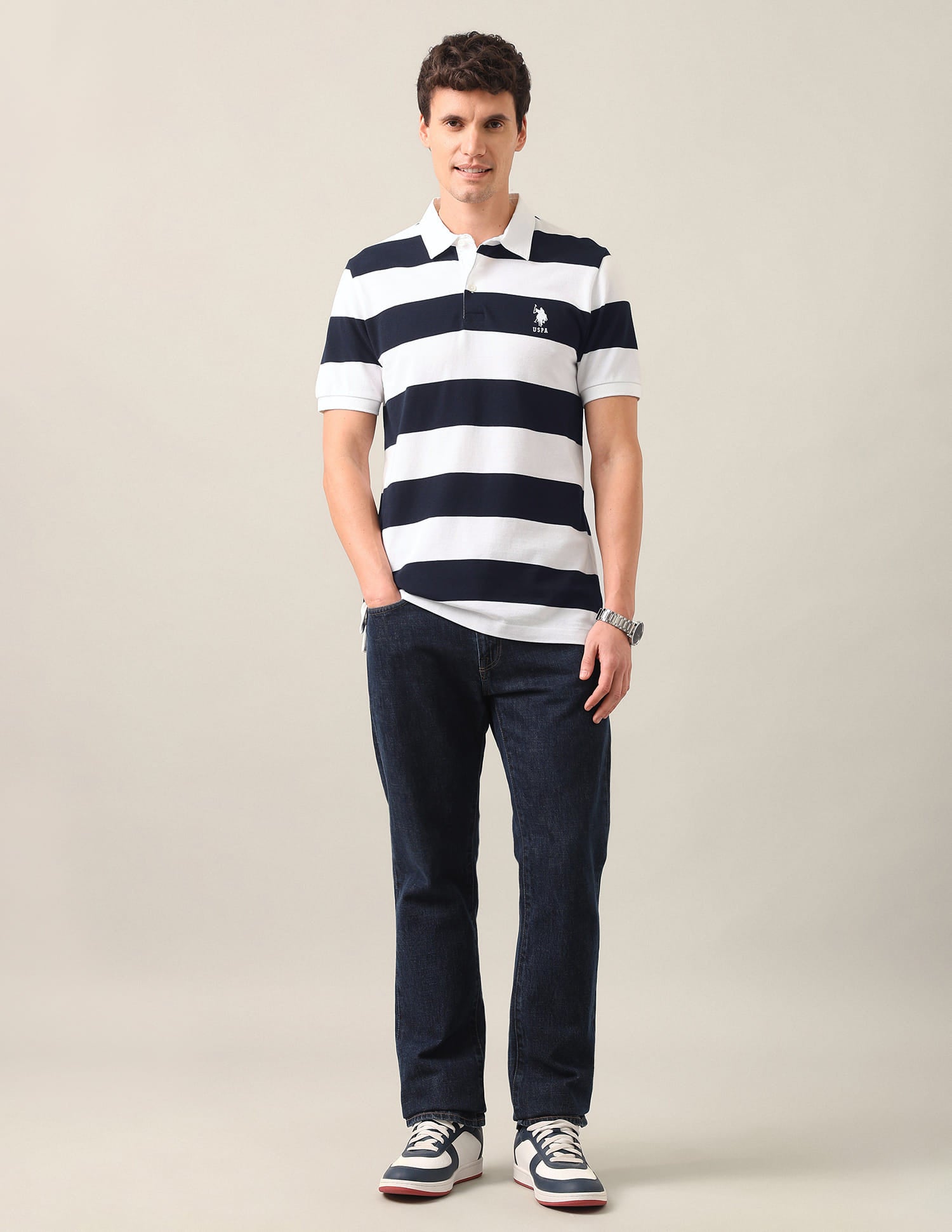 Horizontal Striped Slim Fit Polo Shirt White - U.S. Polo Assn. India | Large