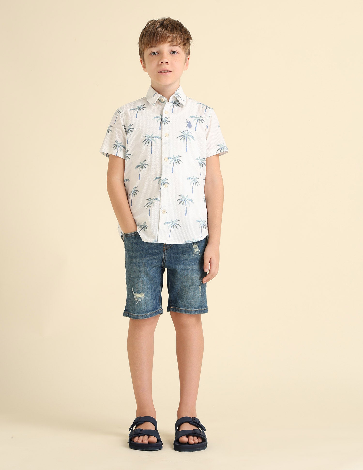 Boys Tropical Printed Boxy Fit Shirt Ecru - U.S. POLO ASSN. | Large