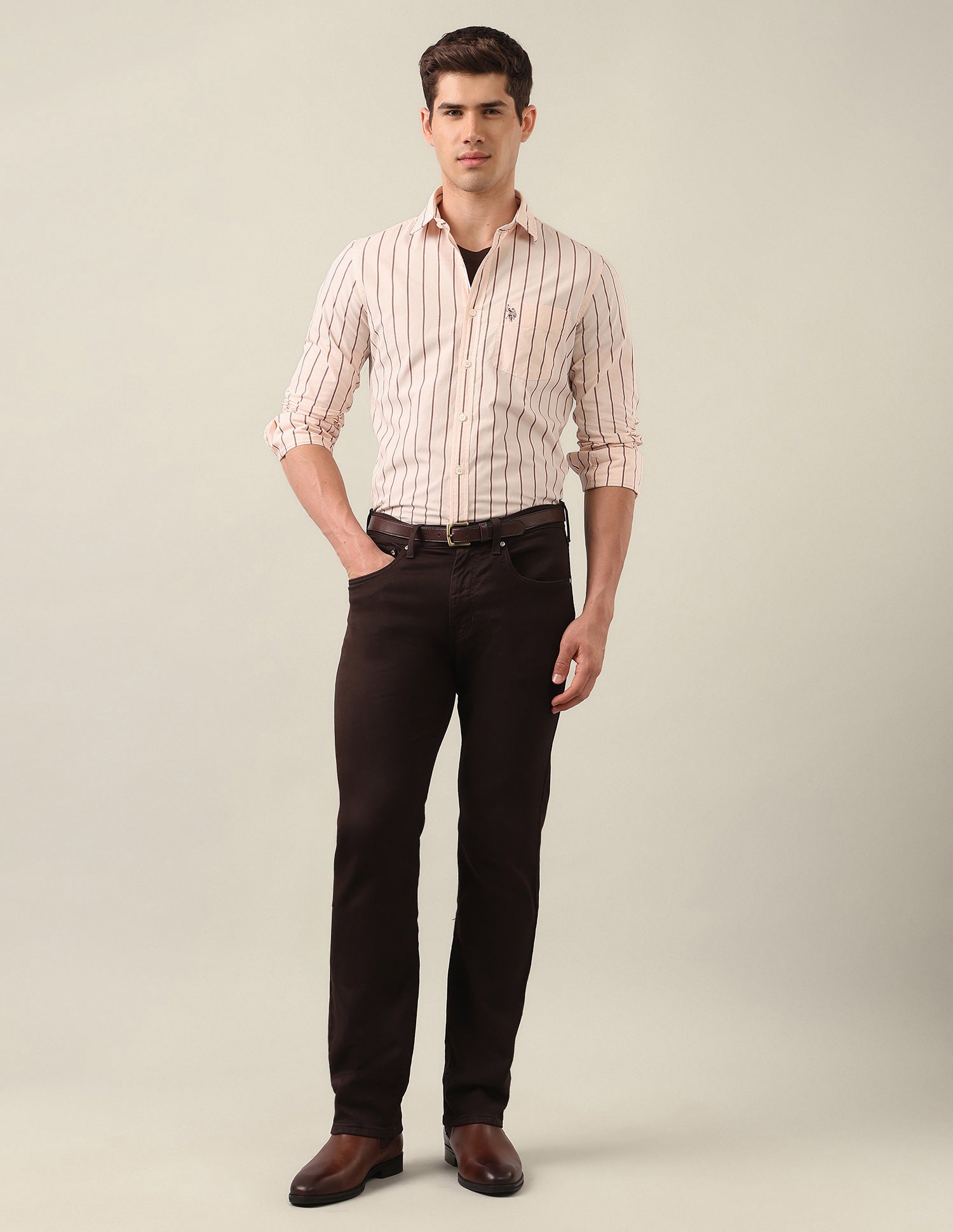Tailored Fit Vertical Striped Shirt Peach - U.S. Polo Assn. India | Large