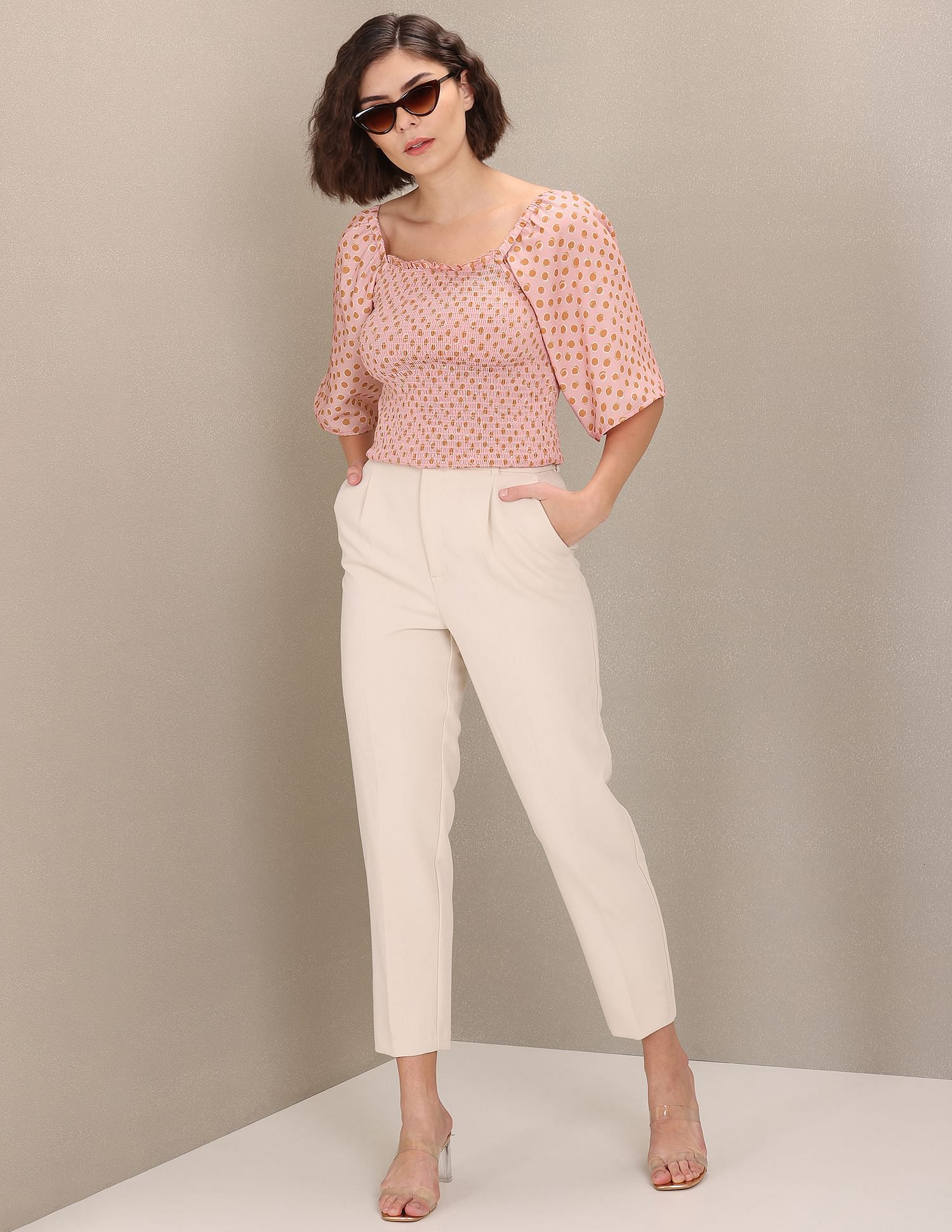 Square Neck Polka Dot Smocked Top Pink - U.S. Polo Assn. India | Large