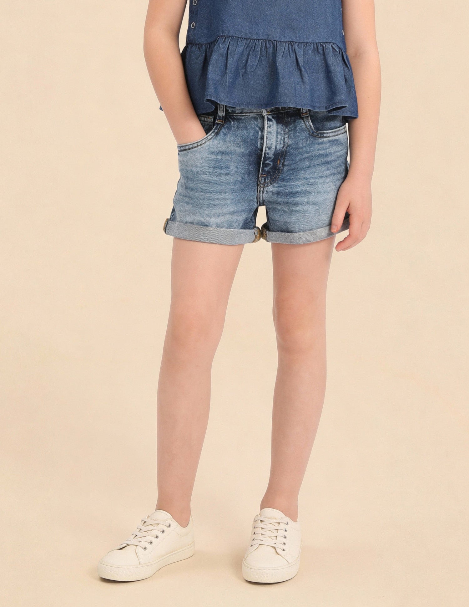 Girls Mid Rise Whiskered Denim Shorts Mid Blue - U.S. Polo Assn. India | Large