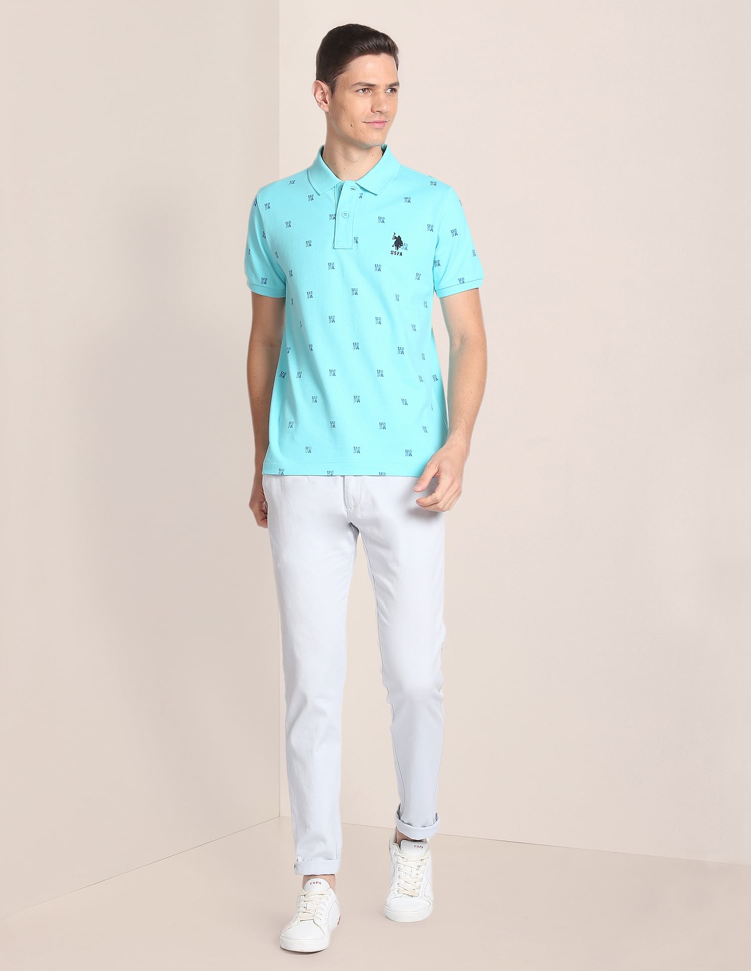 All Over Brand Print Slim Fit Polo Shirt Blue - U.S. POLO ASSN. | Large