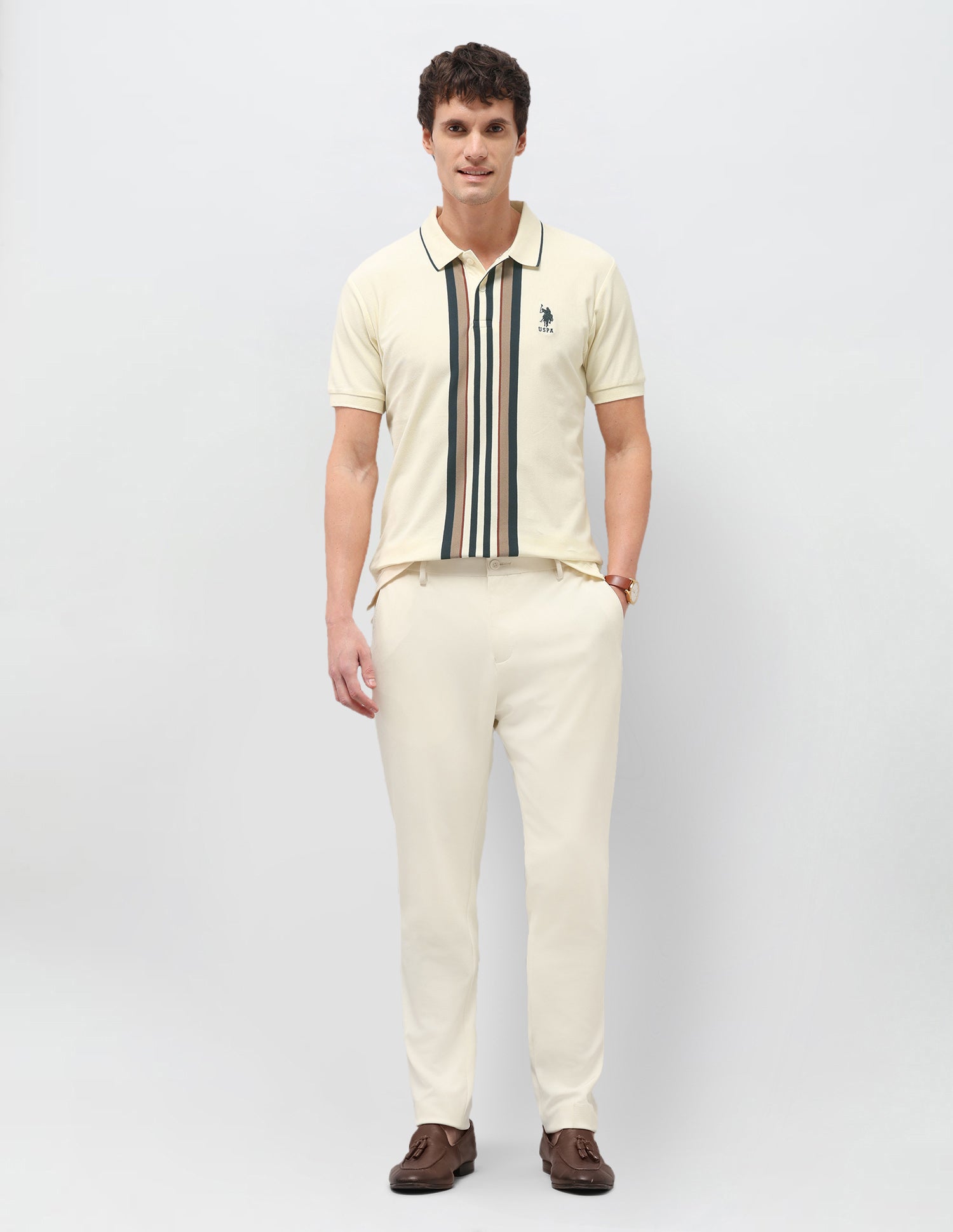 Vertical Striped Slim Fit Polo Shirt Off White - U.S. Polo Assn. India | Large
