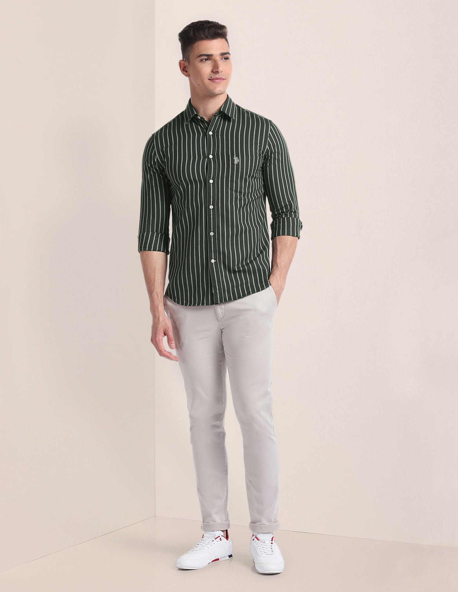 Premium Cotton Vertical Stripe Shirt Dark Olive - U.S. Polo Assn. India | Large
