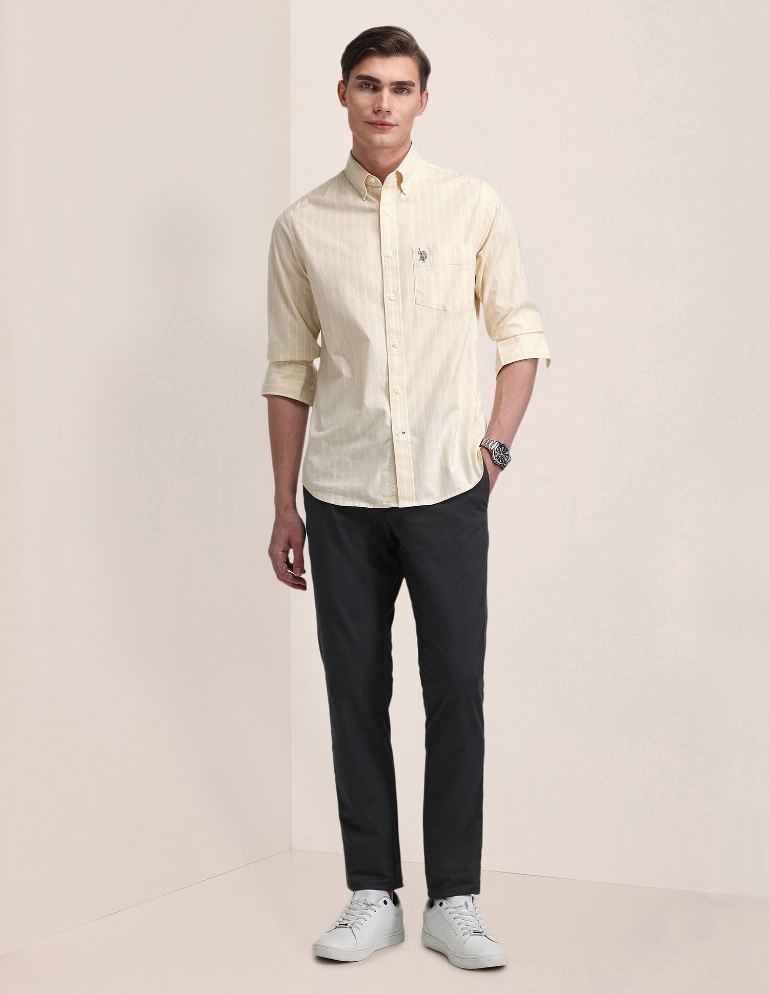 Vertical Stripe Tailored Fit Shirt Yellow - U.S. Polo Assn. India | Large