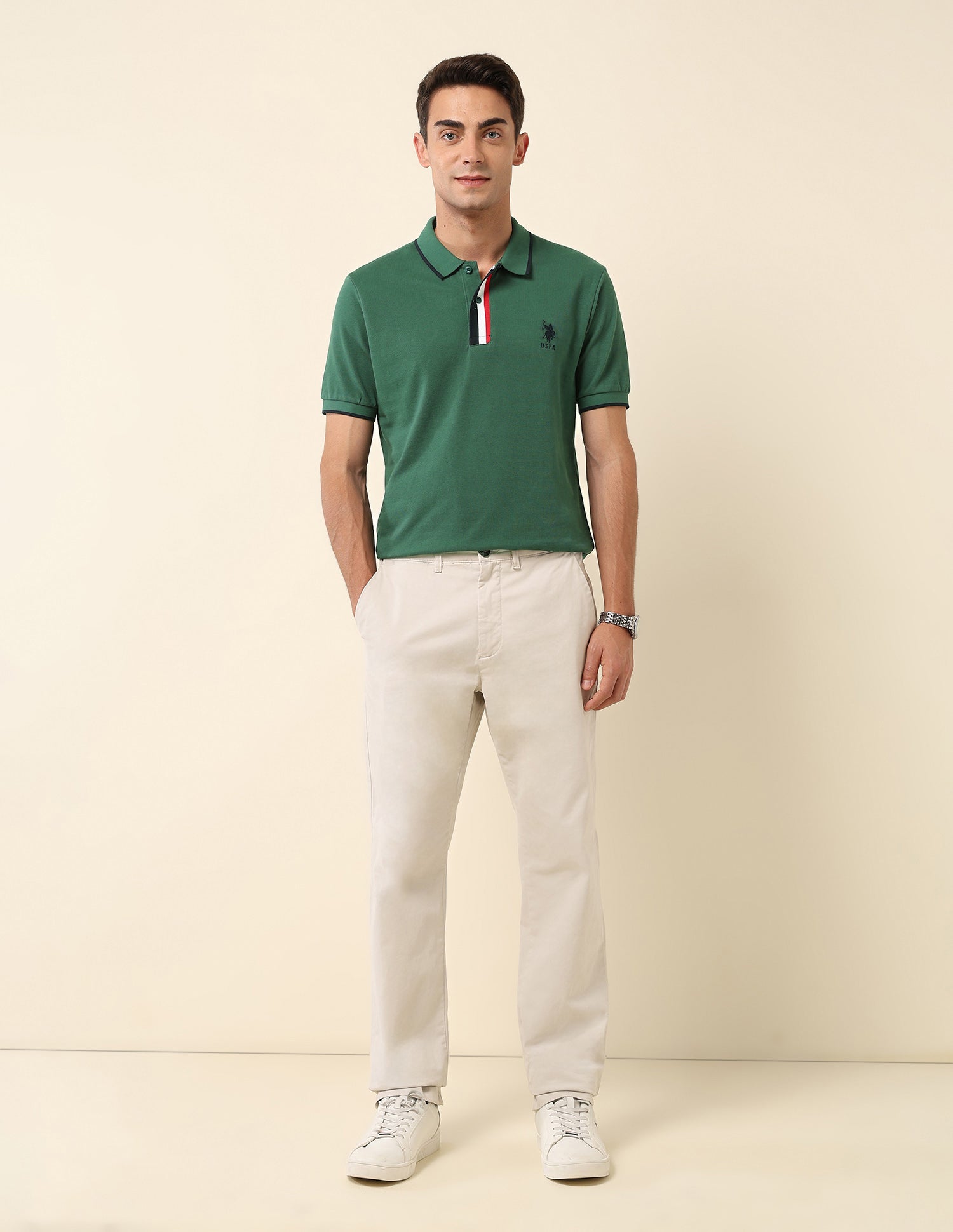 Slim Fit Solid Polo Shirt Dark Green - U.S. Polo Assn. India | Large