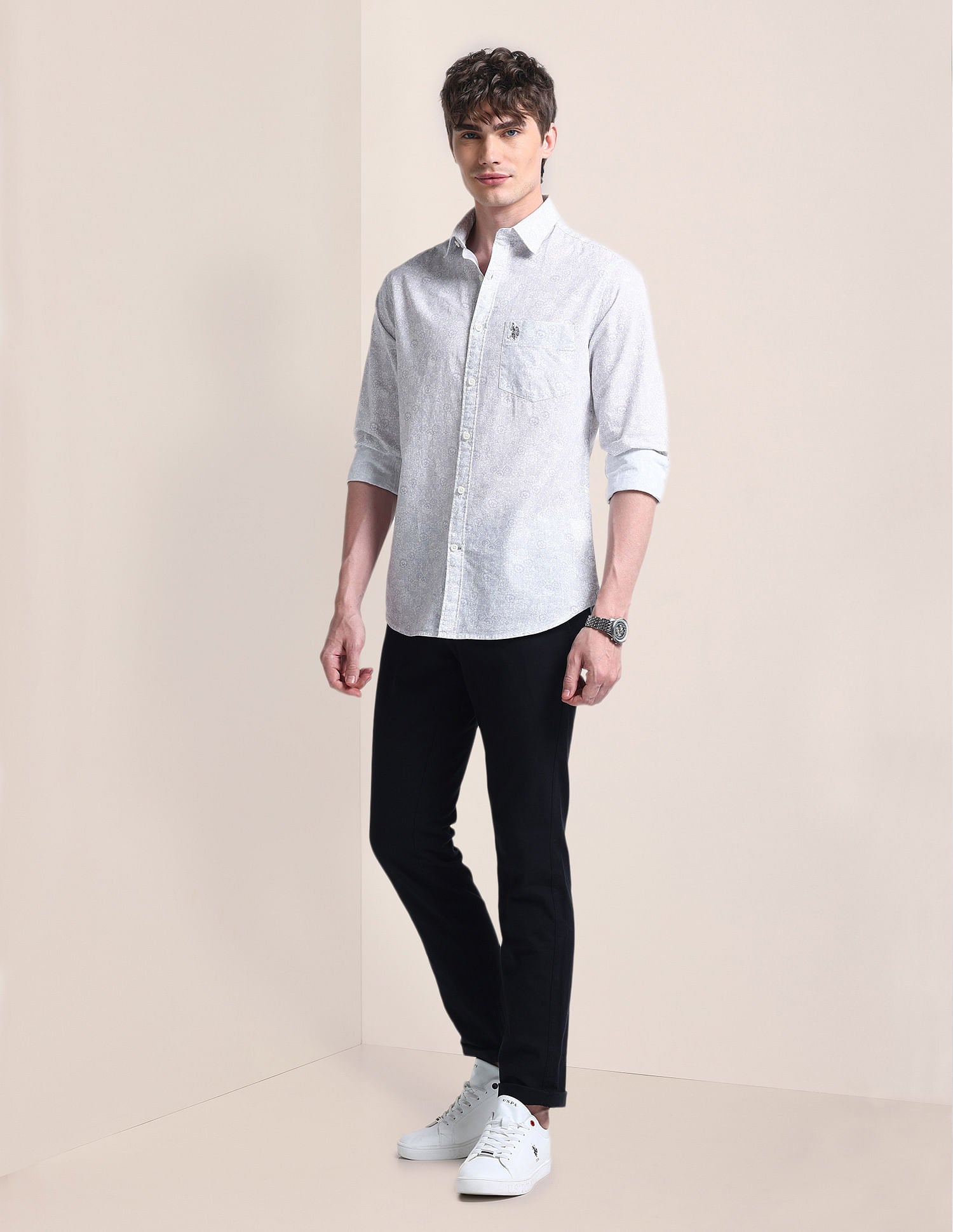 Cutaway Collar Floral Cotton Shirt Grey - U.S. Polo Assn. India | Large