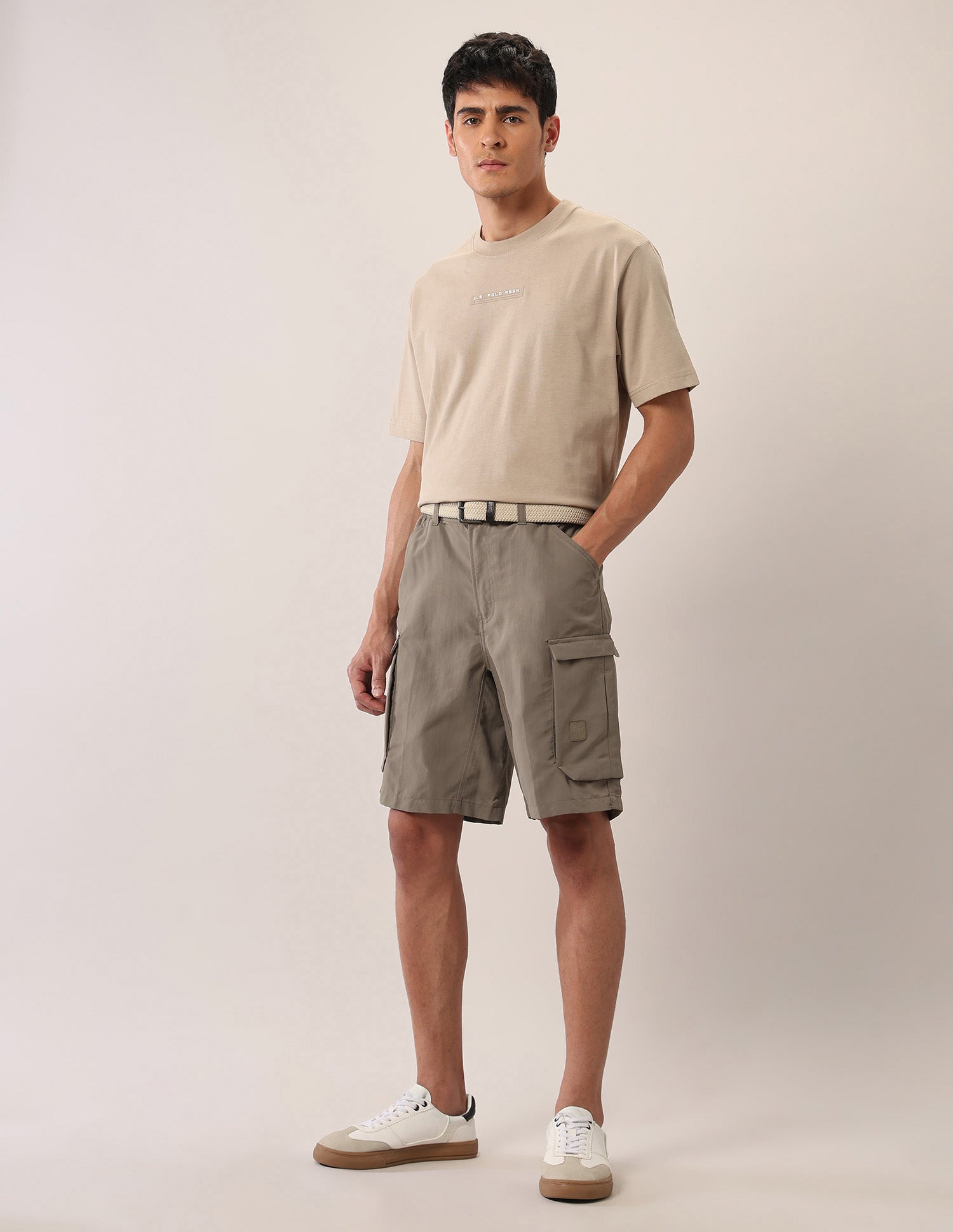 Solid Regular Fit Cargo Shorts Khaki - U.S. Polo Assn. India | Large