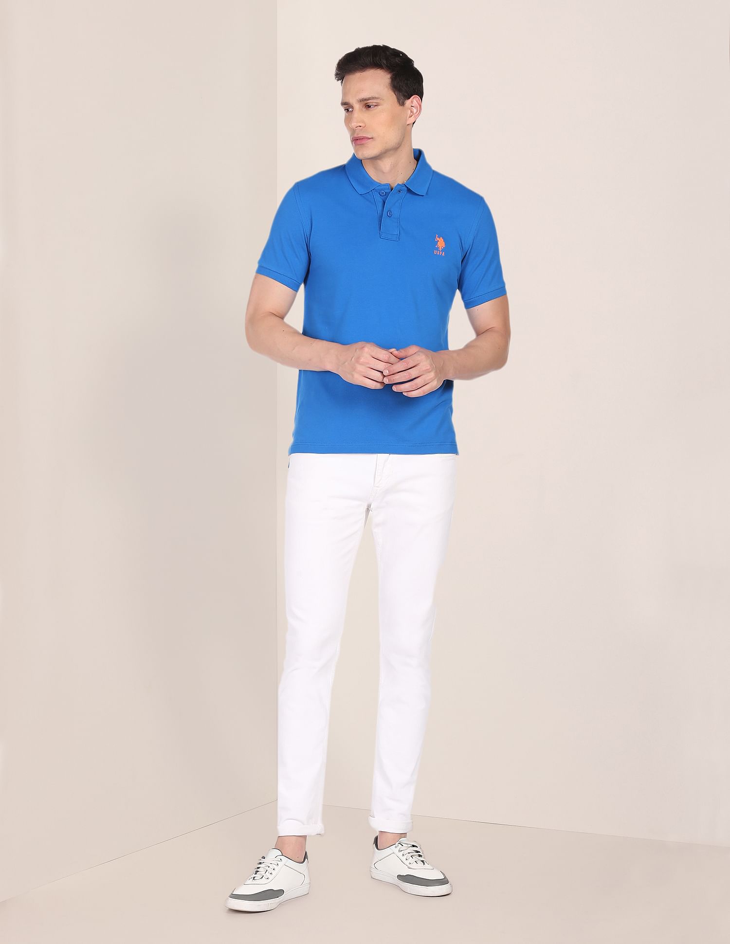 Ribbed Collar Solid Polo Shirt Blue - U.S. Polo Assn. India | Large