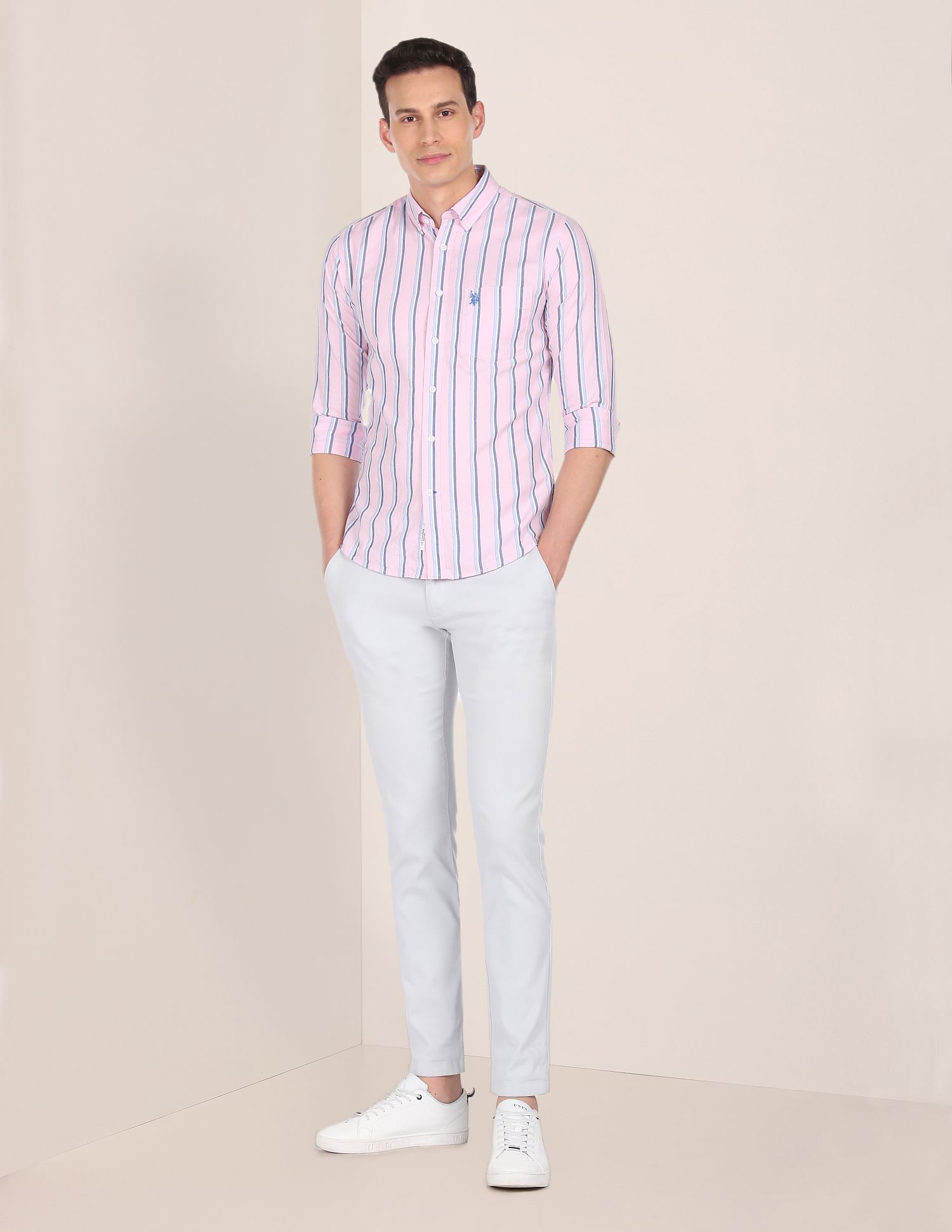 Premium Cotton Striped Casual Shirt Light Pink - U.S. Polo Assn. India | Large