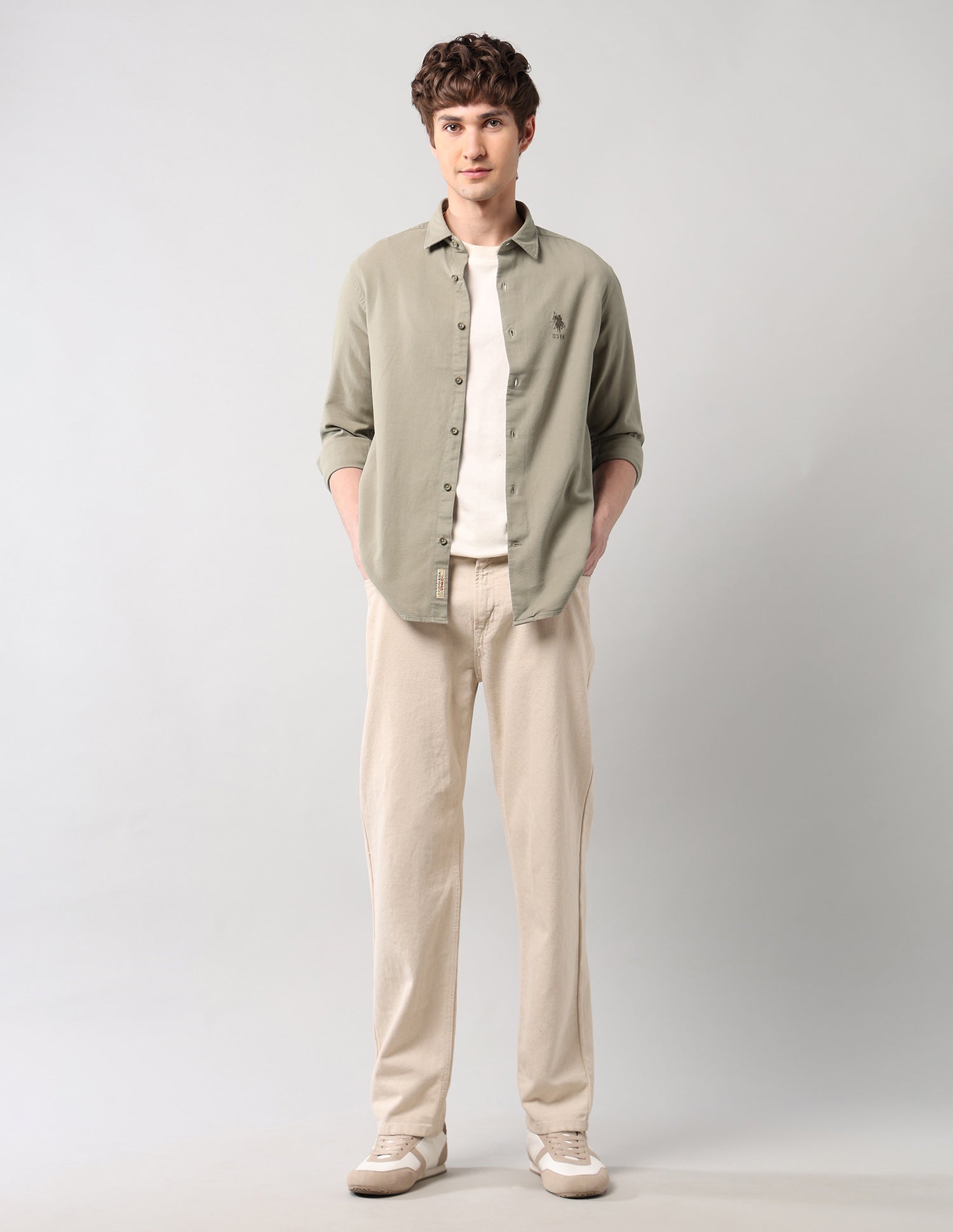 Pure Cotton Regular Fit Dobby Shirt Light Olive - U.S. Polo Assn. India | Large