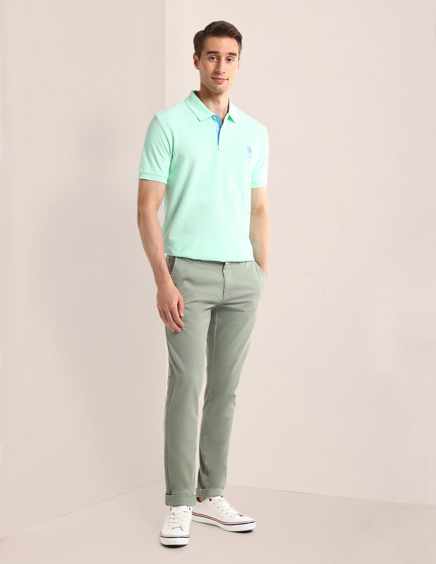 Textured Slim Cotton Polo Shirt Light Green - U.S. Polo Assn. India | Large
