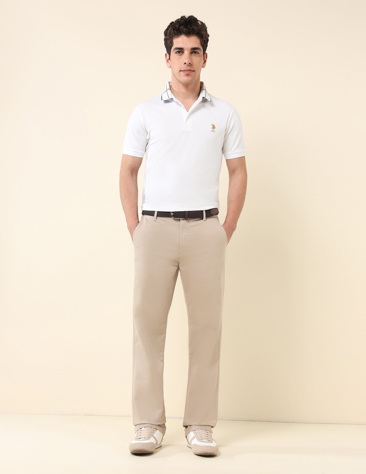 Riley Straight Fit Satin Print Trousers Beige - U.S. Polo Assn. India | Large
