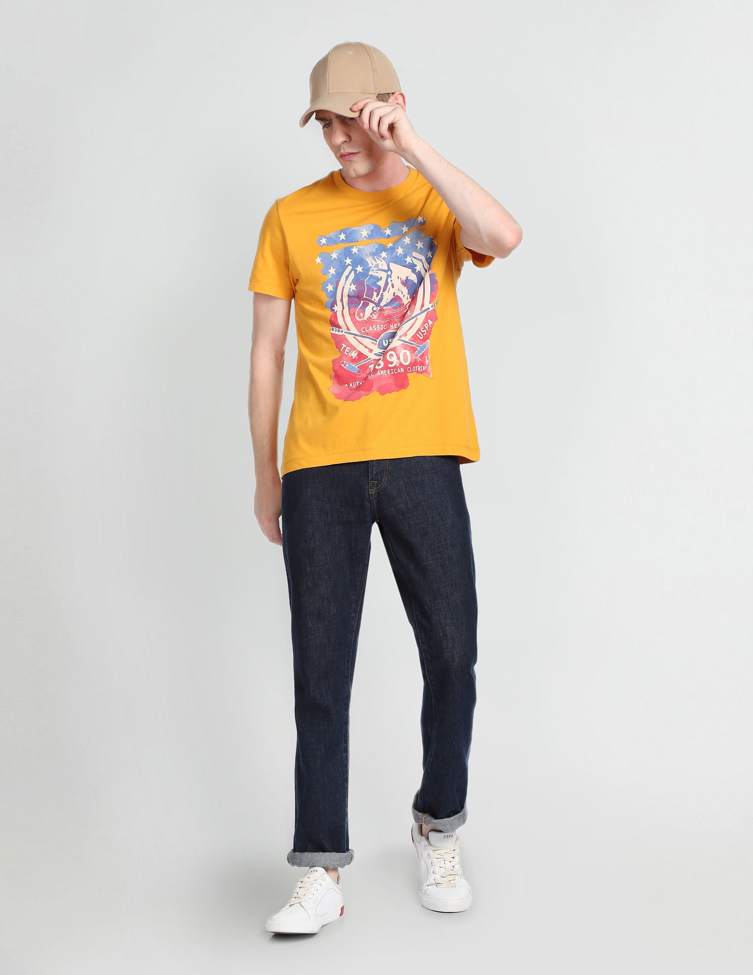 Crew Neck Graphic Print T-Shirt Mustard - U.S. Polo Assn. India | Large