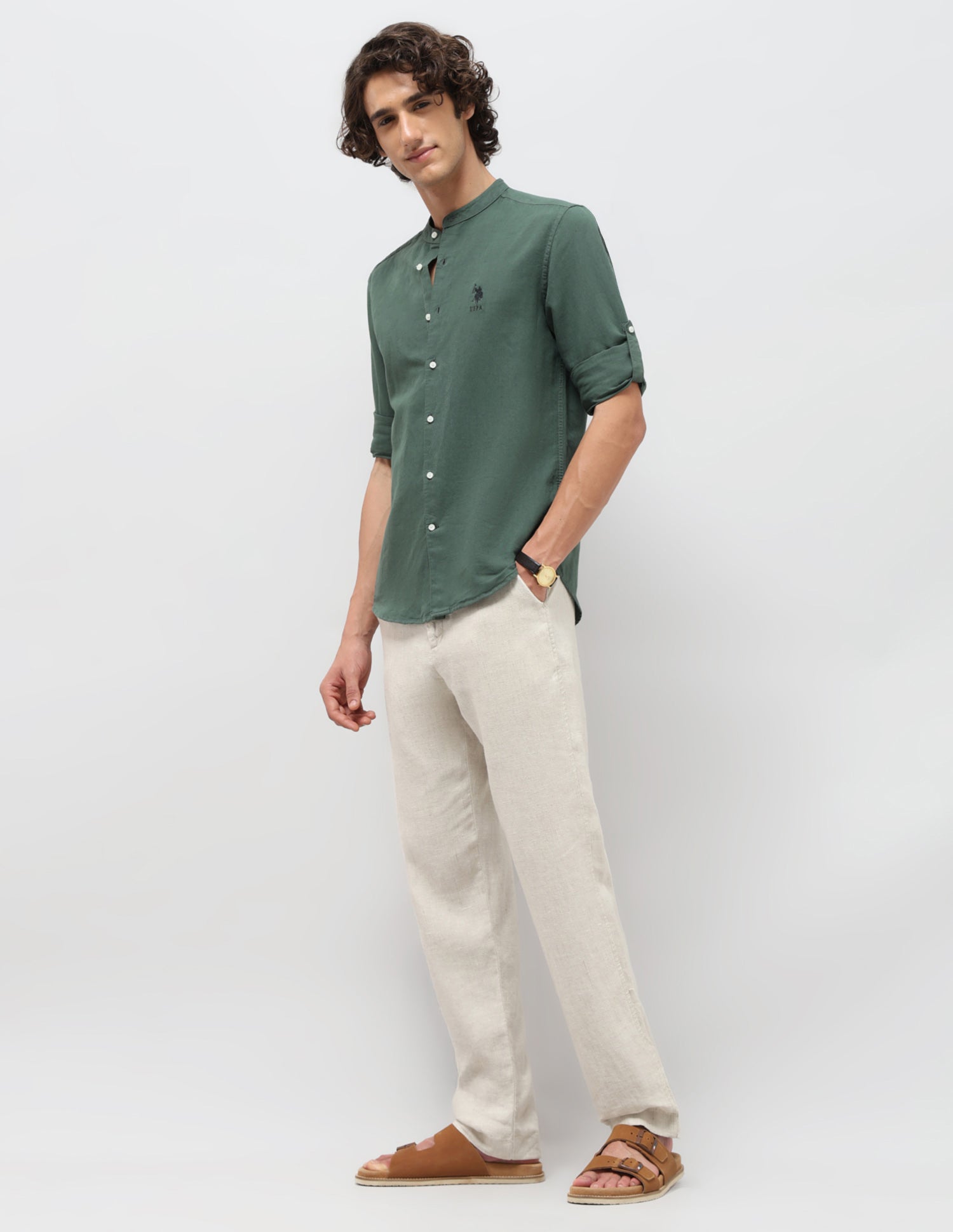 Solid Regular Fit Mandarin Shirt Green - U.S. POLO ASSN. | Large