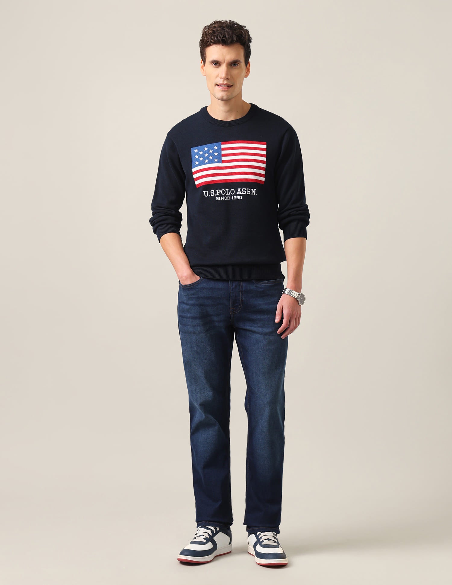 Crew Neck Brand Embroidered Sweater Navy - U.S. Polo Assn. India | Large