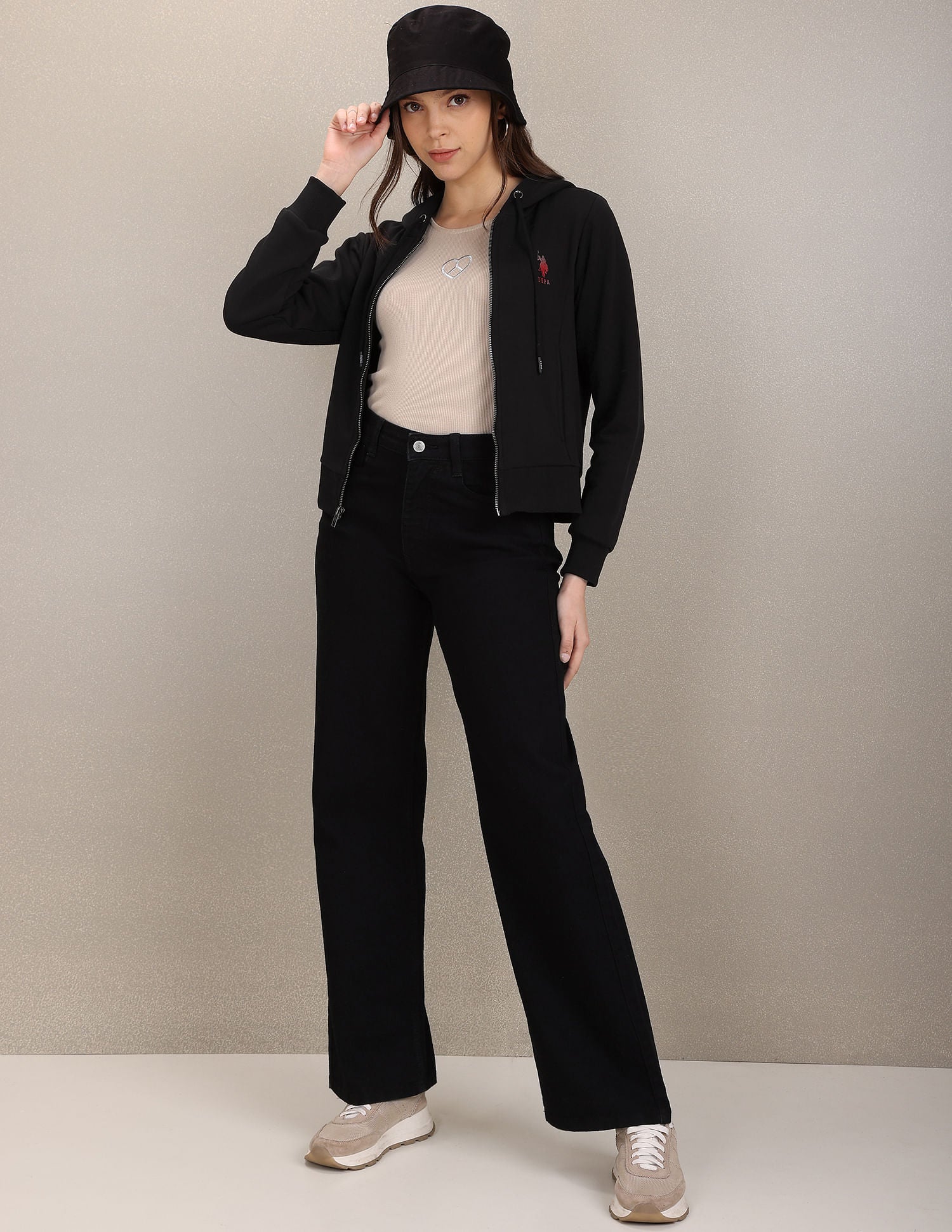 Full Zip Placket Solid Sweatshirt Black - U.S. POLO ASSN. | Large