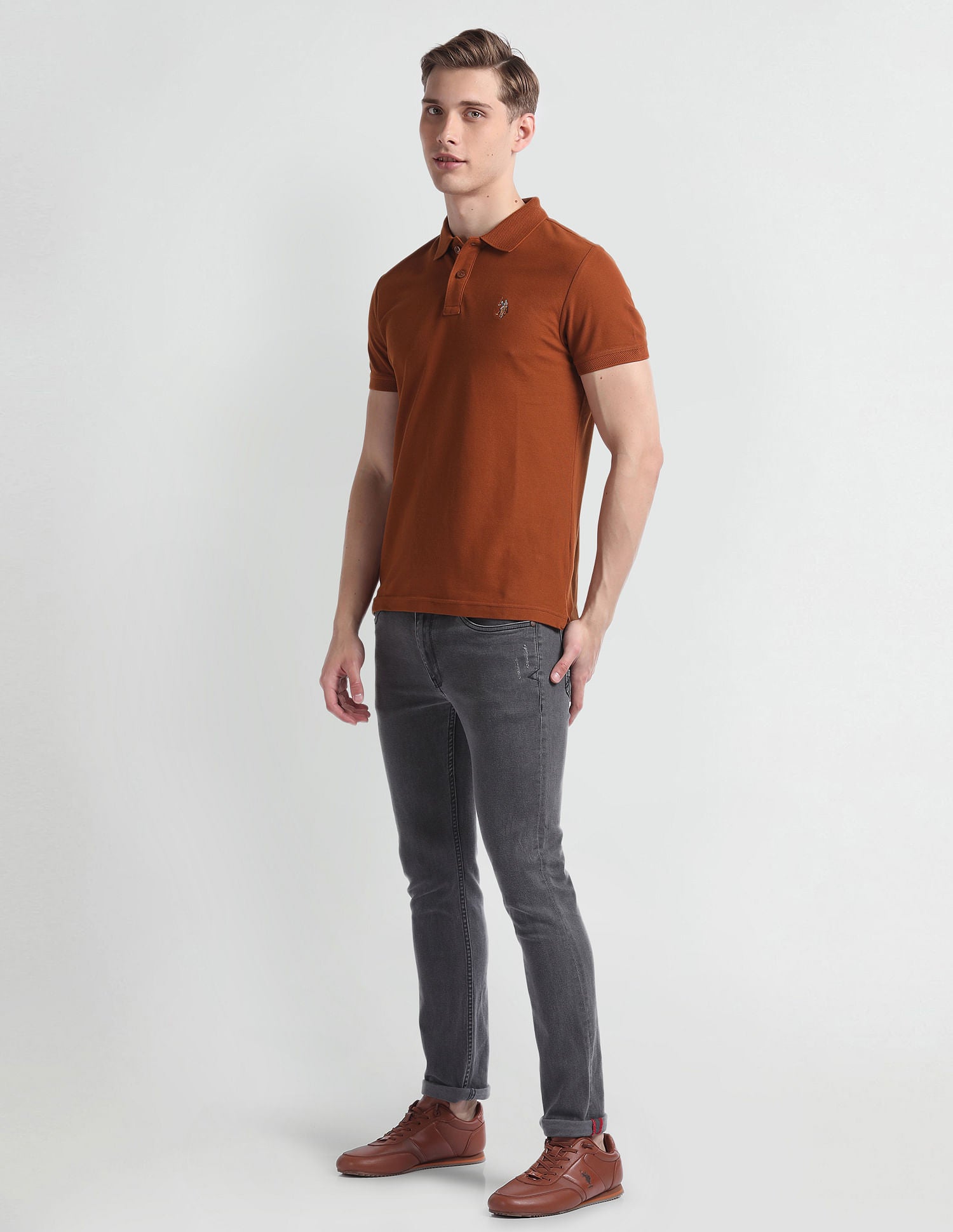 Patterned Collar Cotton Polo Shirt Tan - U.S. Polo Assn. India | Large