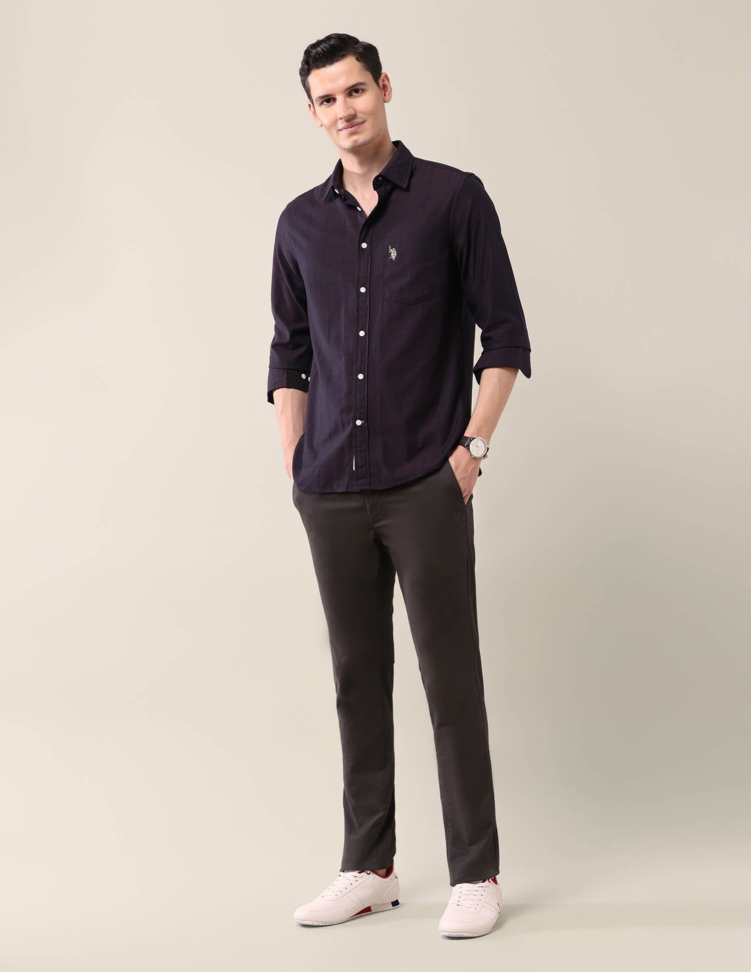 Windowpane Checked Tailored Fit Shirt Purple - U.S. POLO ASSN. | Large