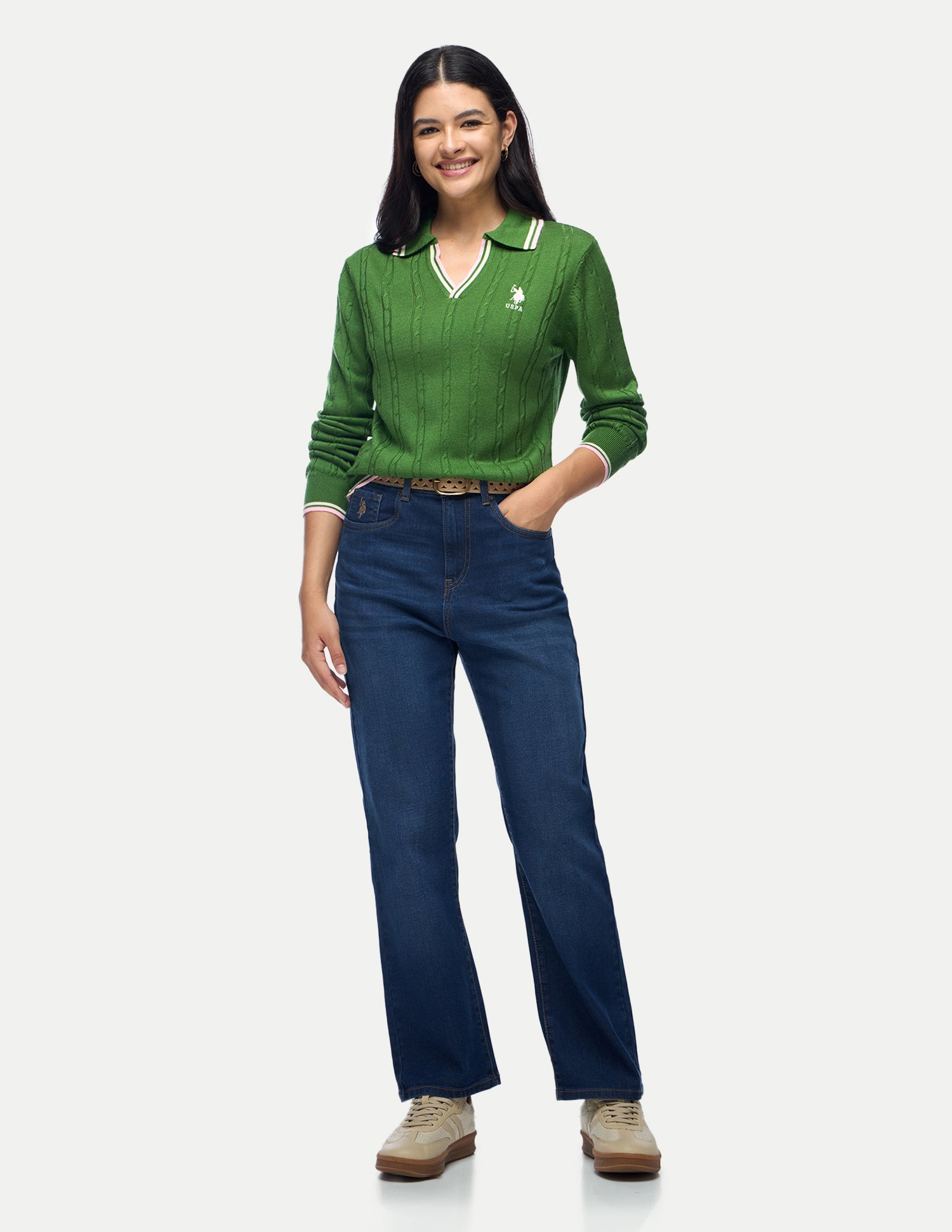 Cable Patterned Knit Regular Fit Sweater Green - U.S. Polo Assn. India | Large